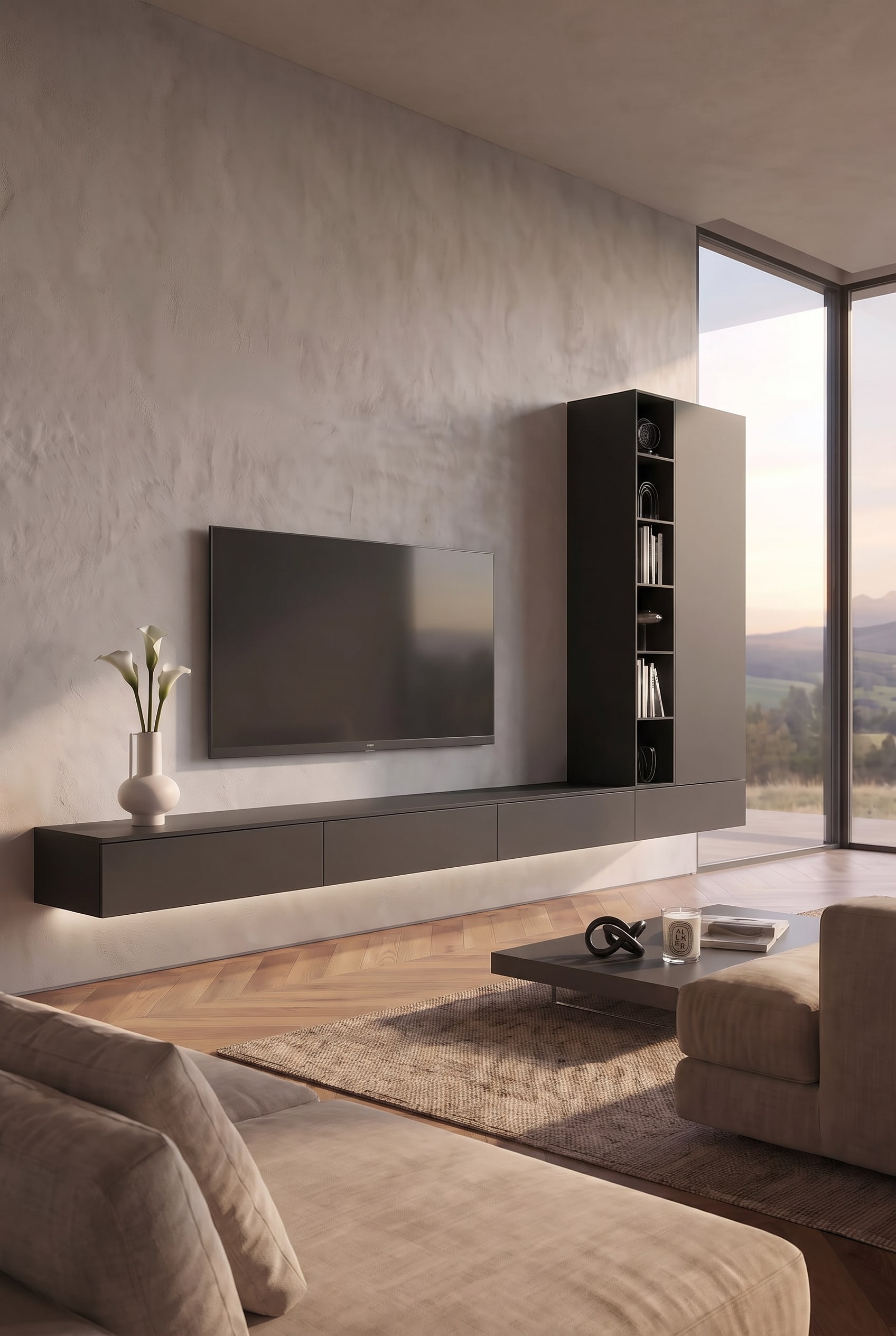 Eine wandh&auml;ngende XXL-Wohnwand in schwebender Optik an einer massiven Wand in einem modernen Wohnzimmer
