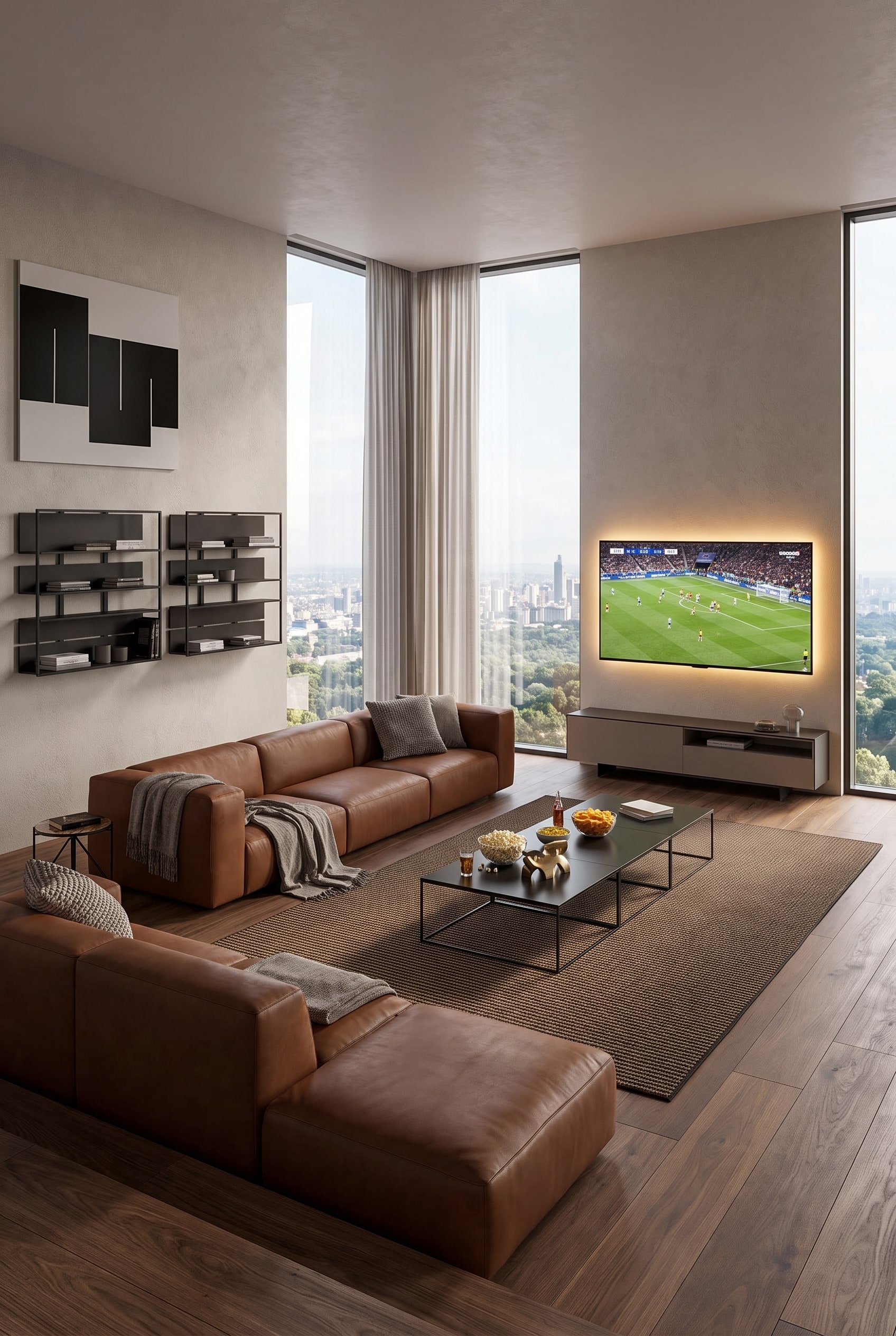 Grand canapé modulaire en cuir en forme de U, aménagé comme un home cinéma confortable dans un salon moderne.