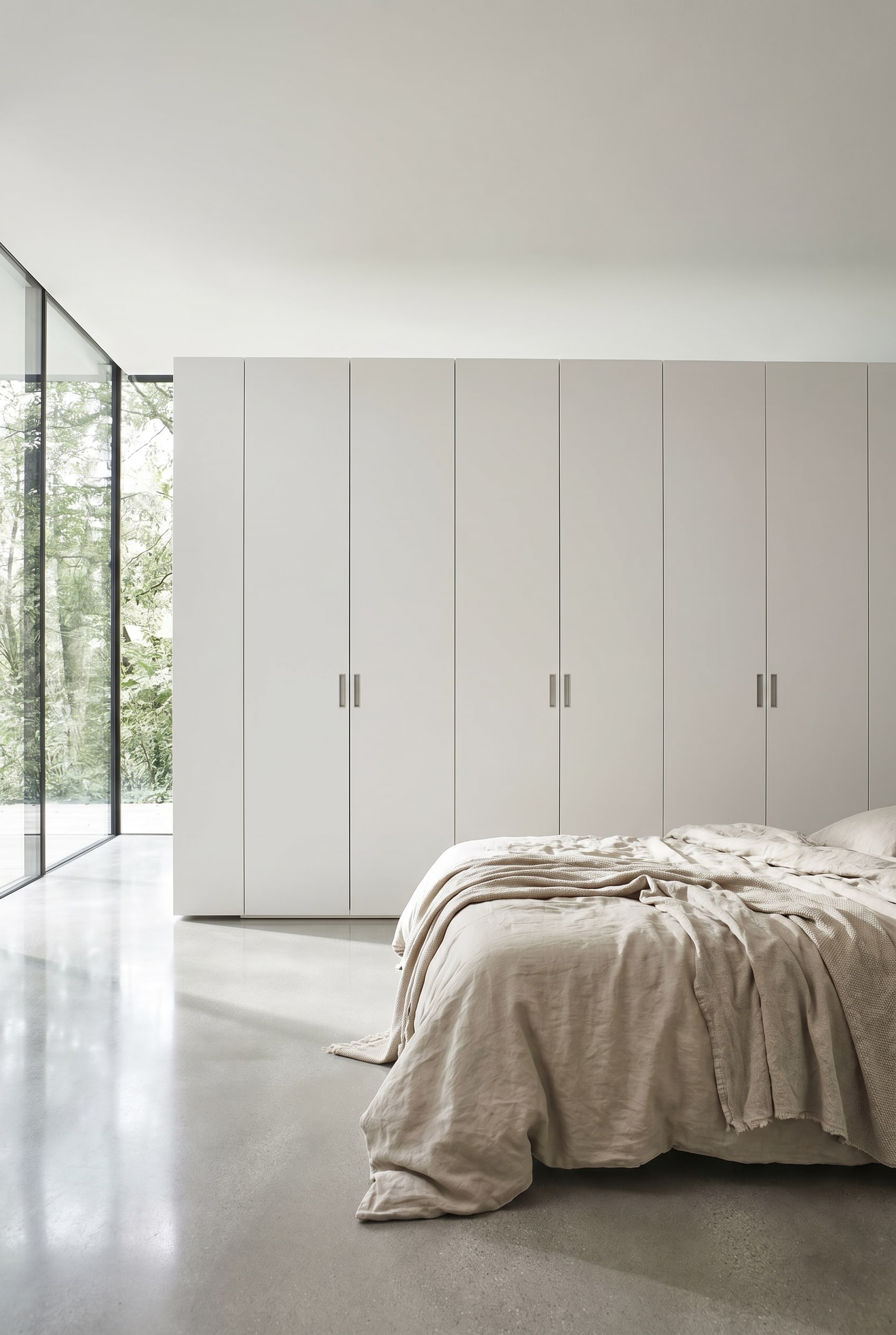 Flächenbündiger, minimalistischer Kleiderschrank ohne Griffe im ruhigen Schlafzimmer Flächenbündiger, minimalistischer Kleiderschrank ohne Griffe im ruhigen Schlafzimmer
