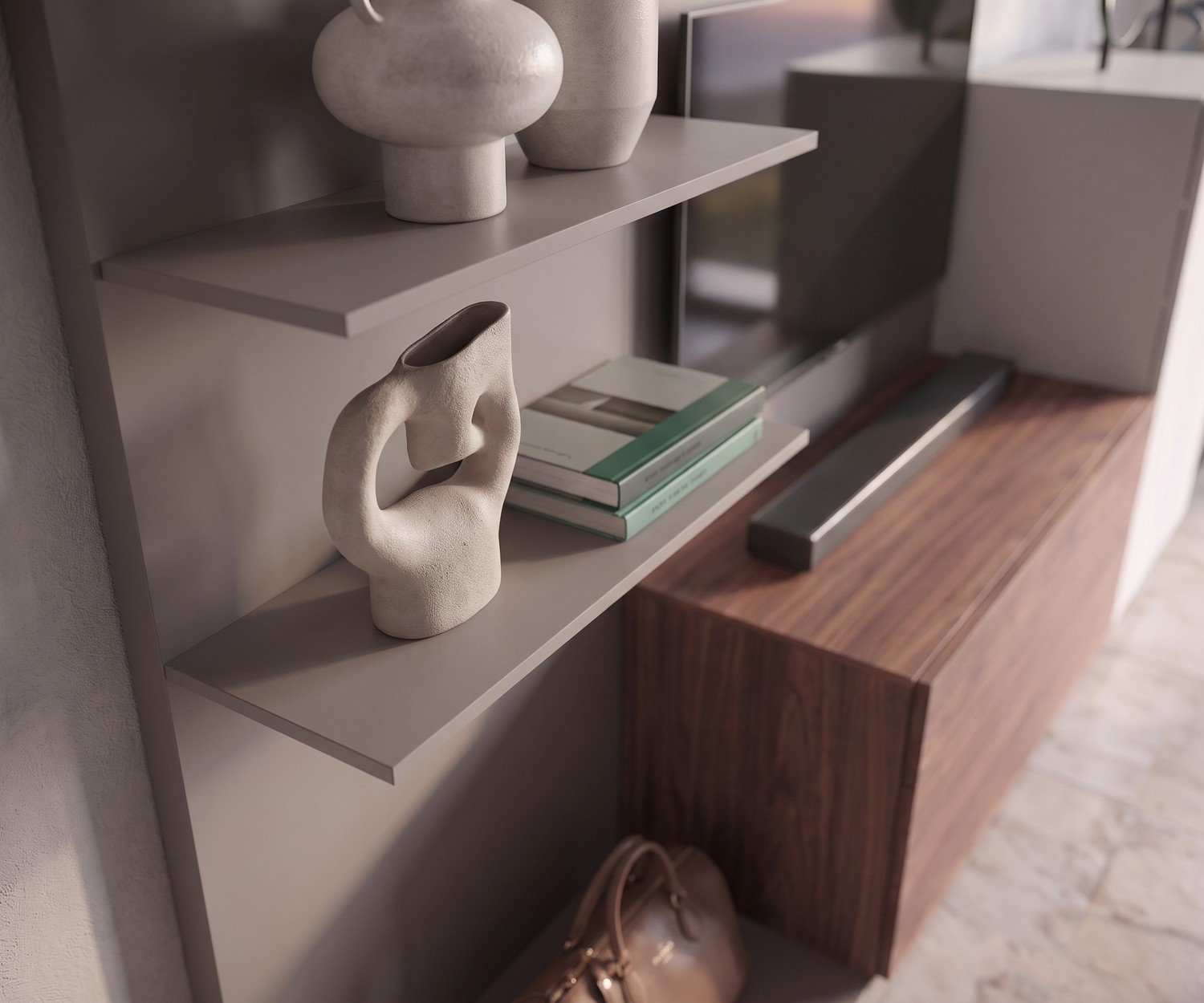 Novamobili Easy 9 Garderoben-Paneelregal Garderoben-Paneelregal Novamobili Easy 9 mit Stellfläche für Deko im Flur, minimalistisches Design in Taupe und Nussbaum.