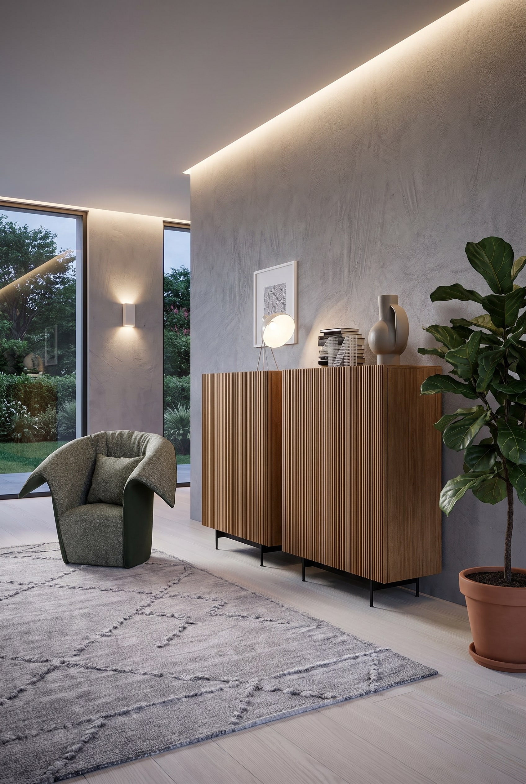Grand highboard volumineux dans une entr&eacute;e large, &agrave; c&ocirc;t&eacute; d'une grande plante verte