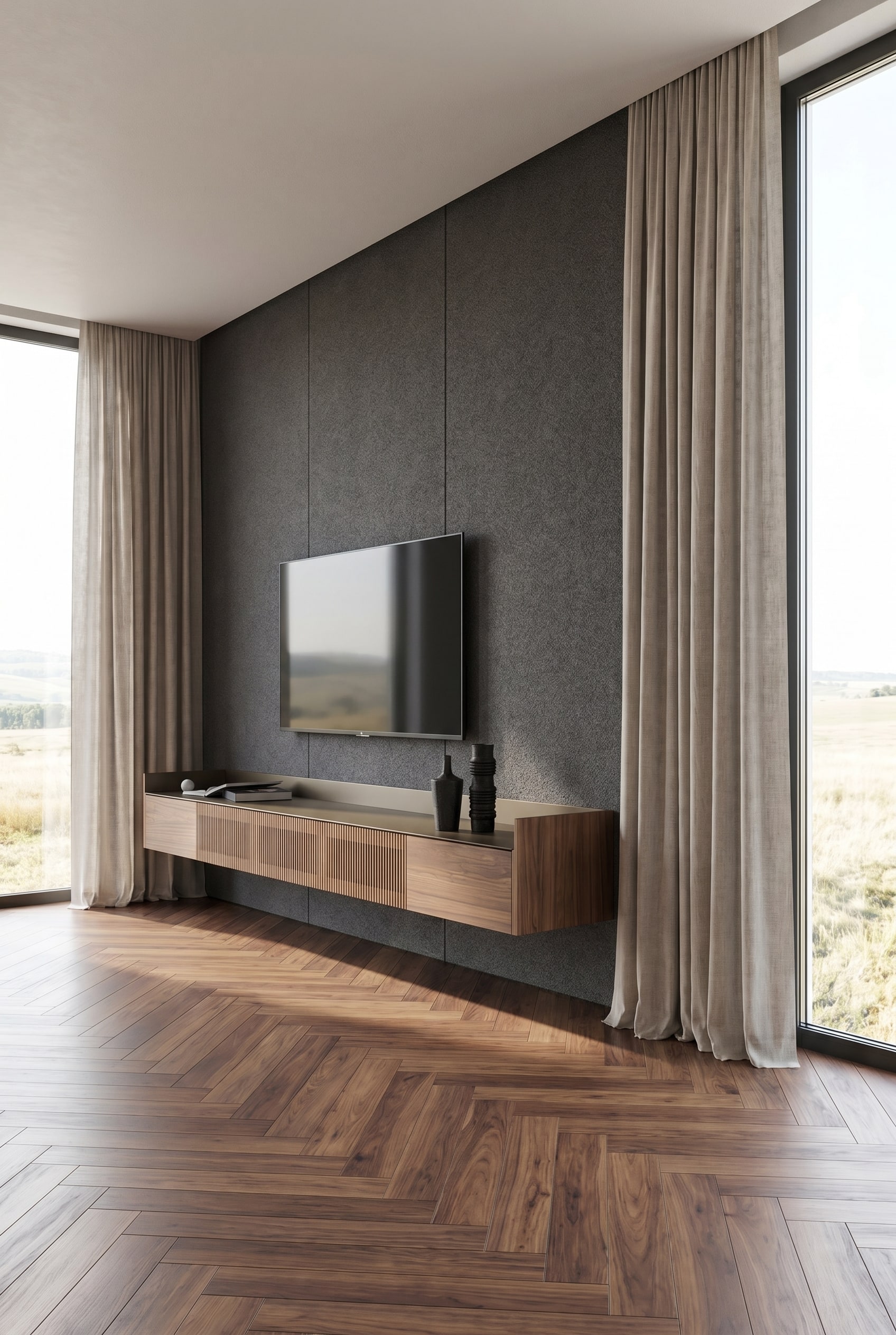 Meuble TV mural en noyer sous un t&eacute;l&eacute;viseur &agrave; &eacute;cran plat dans un salon minimaliste avec des fen&ecirc;tres du sol au plafond