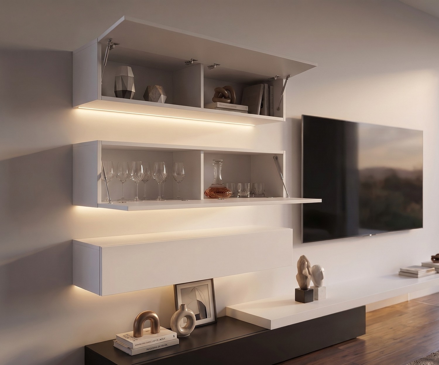 Ensemble mural Livitalia C107 avec éclairage LED et meuble TV lowboard. Design minimaliste noir et blanc pour salon.