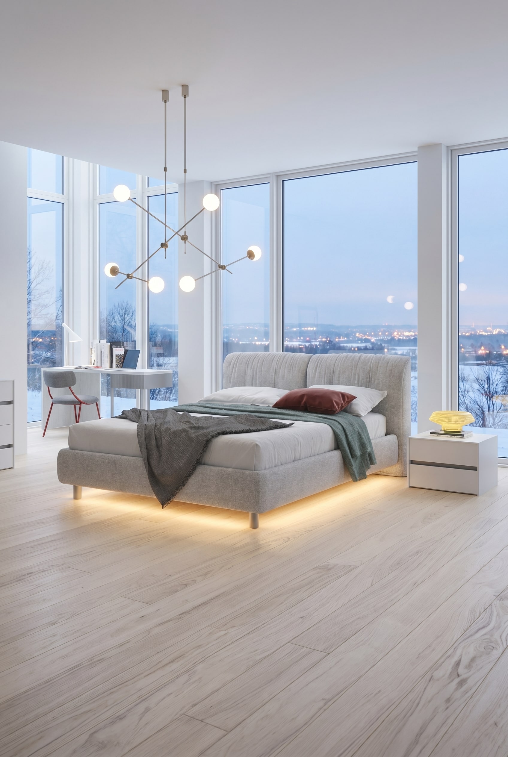 Chambre moderne avec lit rembourr&eacute; gris clair, coffre de rangement invisible et spots de sol mats