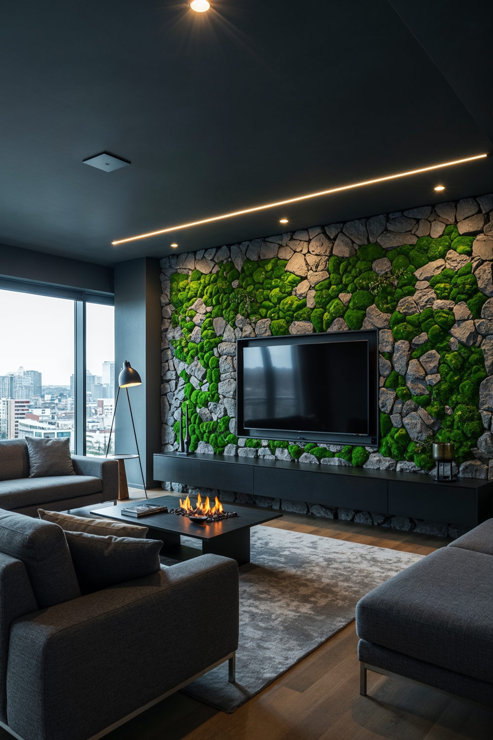 modernes-grau-gestaltetes-wohnzimmer-mit-tisch-kamin-und-natuerlich-anmutenden-details