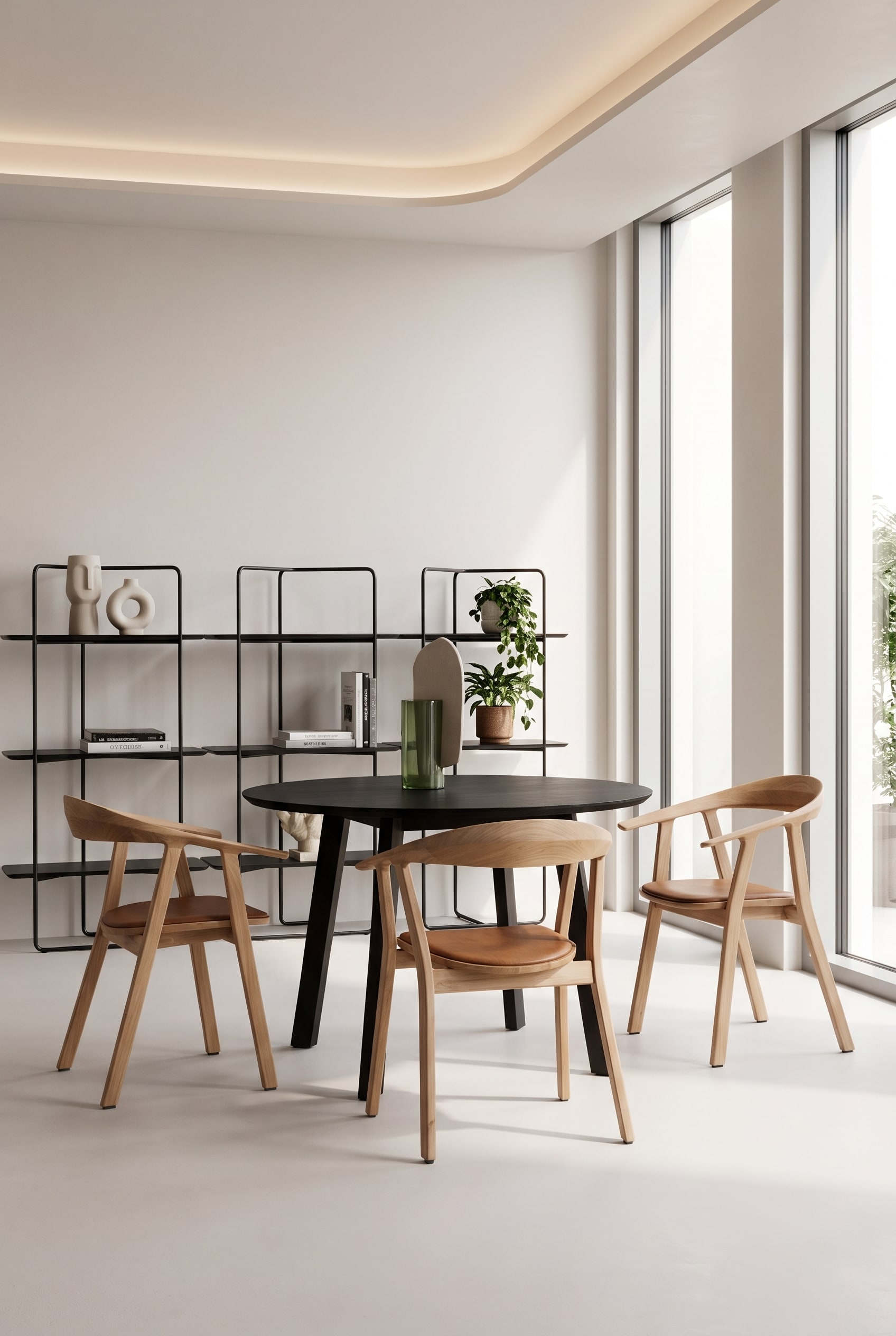 Vaste salle &agrave; manger avec une table ronde en bois noir et plusieurs chaises en bois clair avec dossier rond autour.