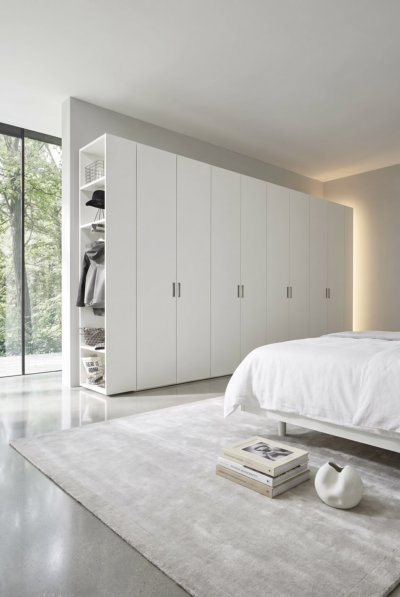 Chambre rang&eacute;e avec une armoire lisse blanche &agrave; portes battantes, un &eacute;clairage mural indirect et un livre d'art empil&eacute; sur le sol