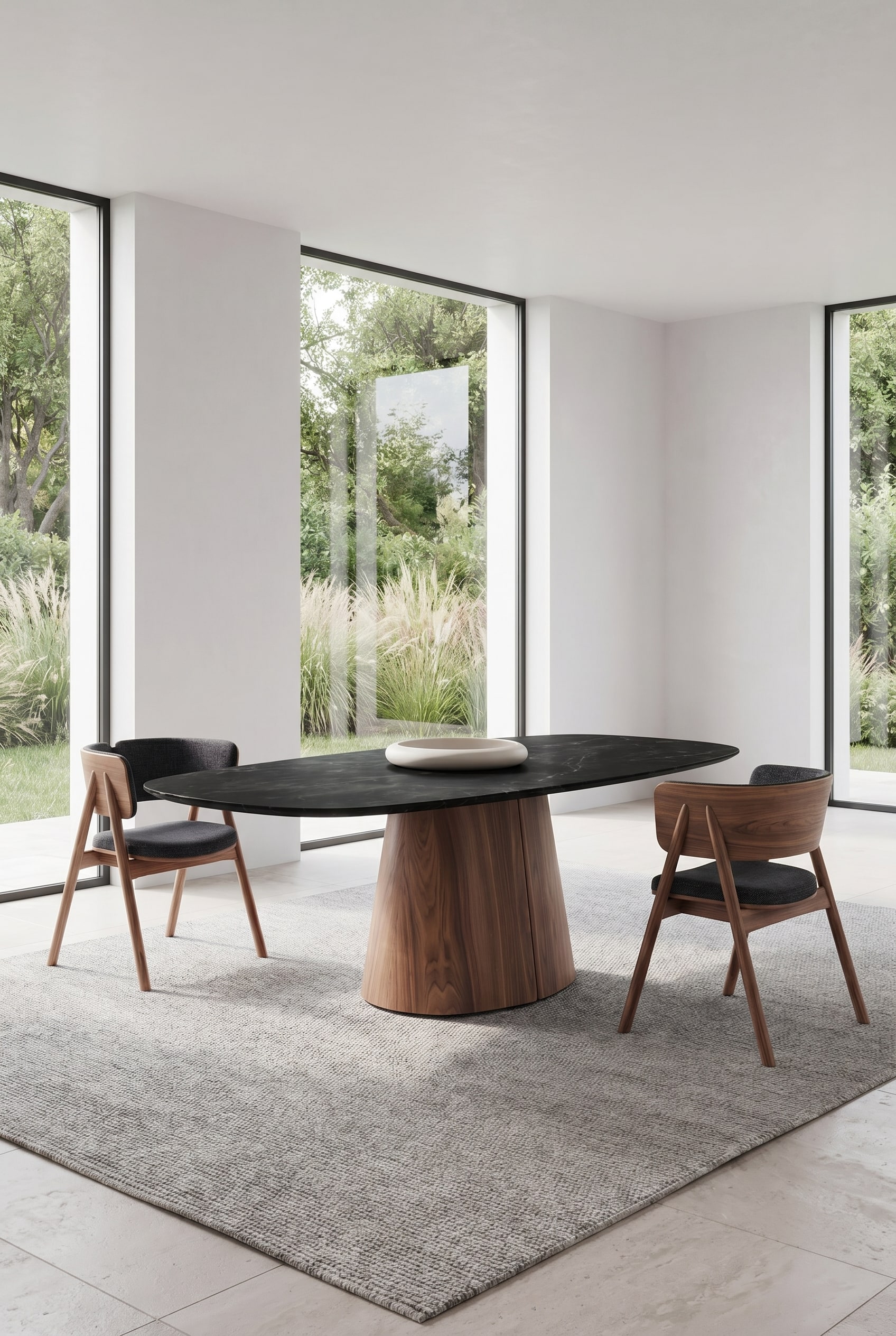 Modernes Esszimmer mit organisch geformtem Holztisch, flacher ovaler Keramikschale und anthrazitfarbenen Stühlen
