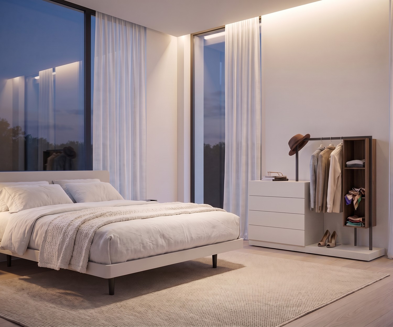 Commode avec penderie design Novamobili Easy 4 Commode avec penderie Novamobili Easy 4 dans une chambre. Commode blanche, tringle à vêtements et étagère en bois moderne.