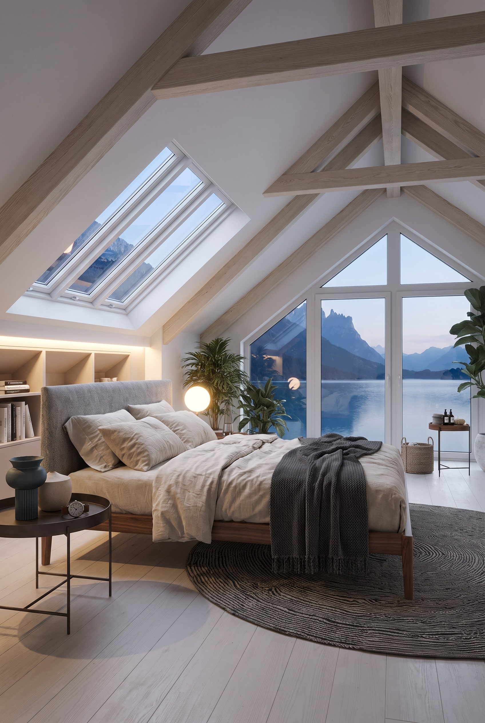 Lit élégant avec cadre en bois et tête de lit rembourrée grise dans une chambre lumineuse sous les combles