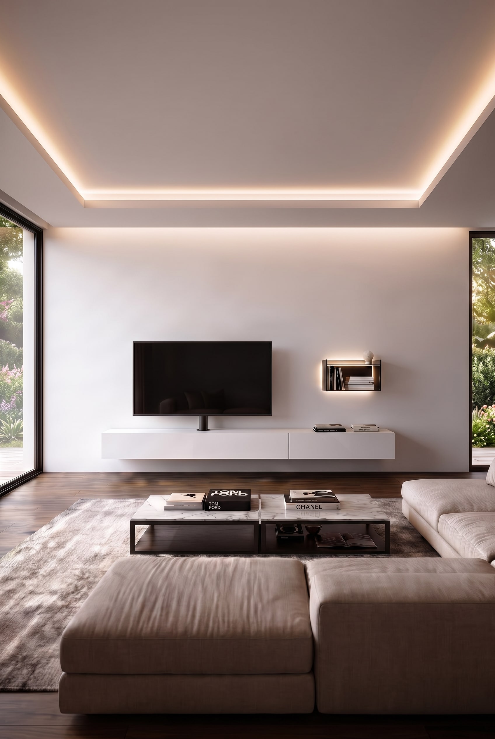 Minimalistisches, wei&szlig;es Lowboard mit einer integrierten schwarzen TV-Halterungss&auml;ule, Fernseher montiert, komplett kabellos, vor einer glatten wei&szlig;en Wand.