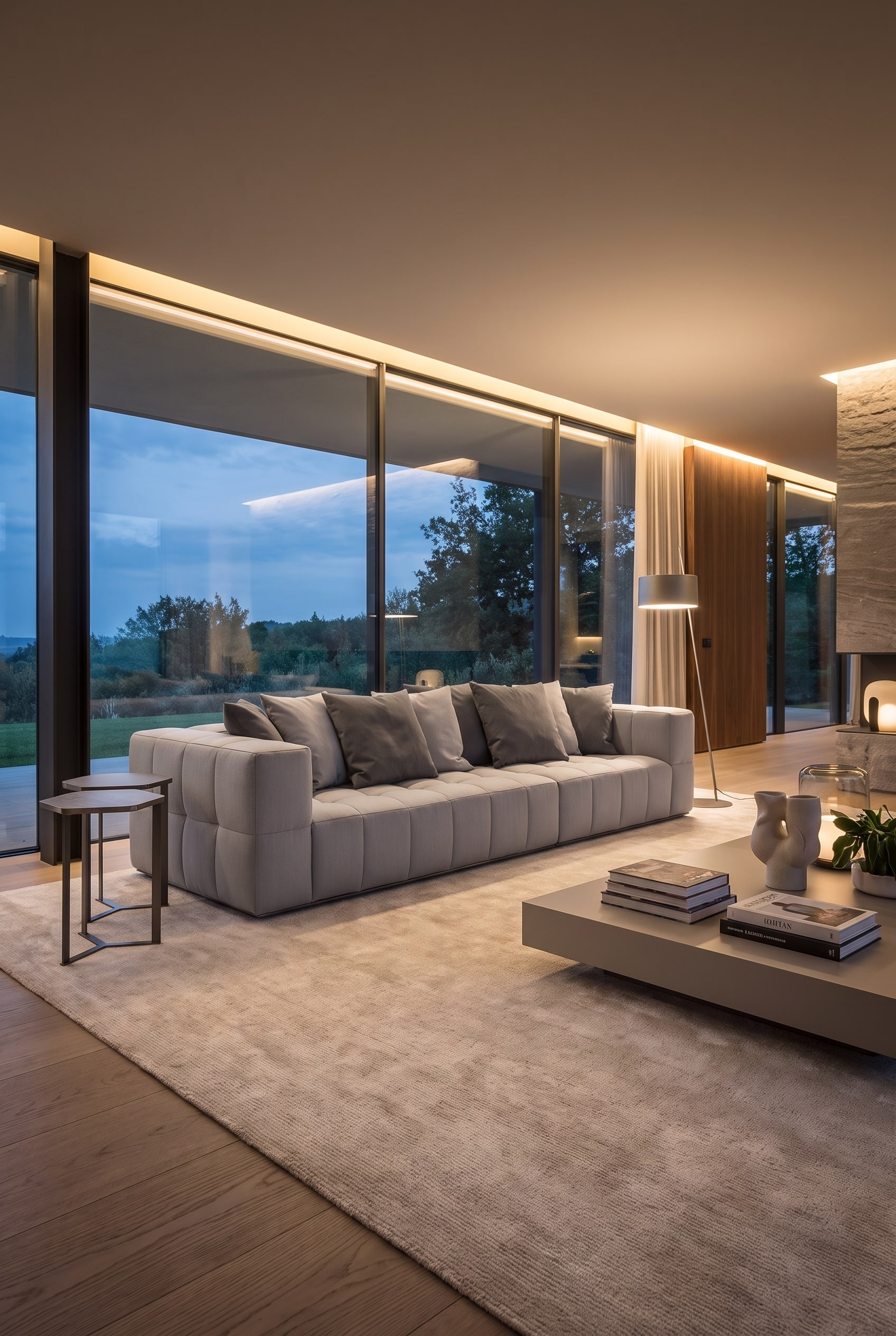 Luxuriöses Wohnzimmer mit ausladendem, grauem Modulsofa auf einem großformatigen hellen Teppich