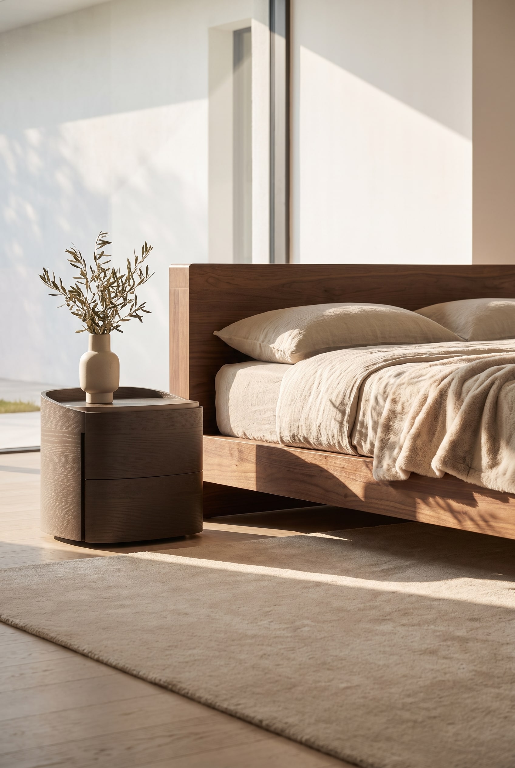 Chambre lumineuse avec lit en bois angulaire et la table de chevet cylindrique Livitalia Round en laque mate