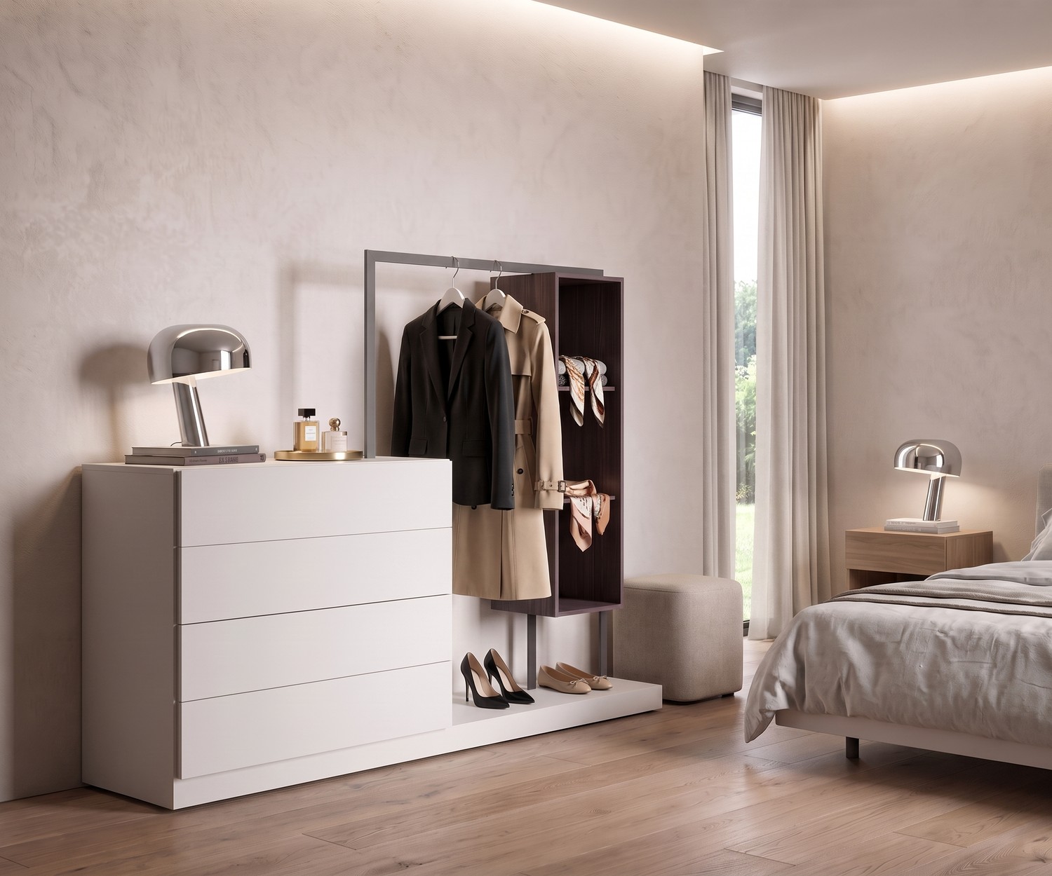 Commode Novamobili Easy 4 avec Garde-Robe Commode de chambre avec garde-robe Easy 4 de Novamobili. Design moderne blanc avec tringle à vêtements et étagère.