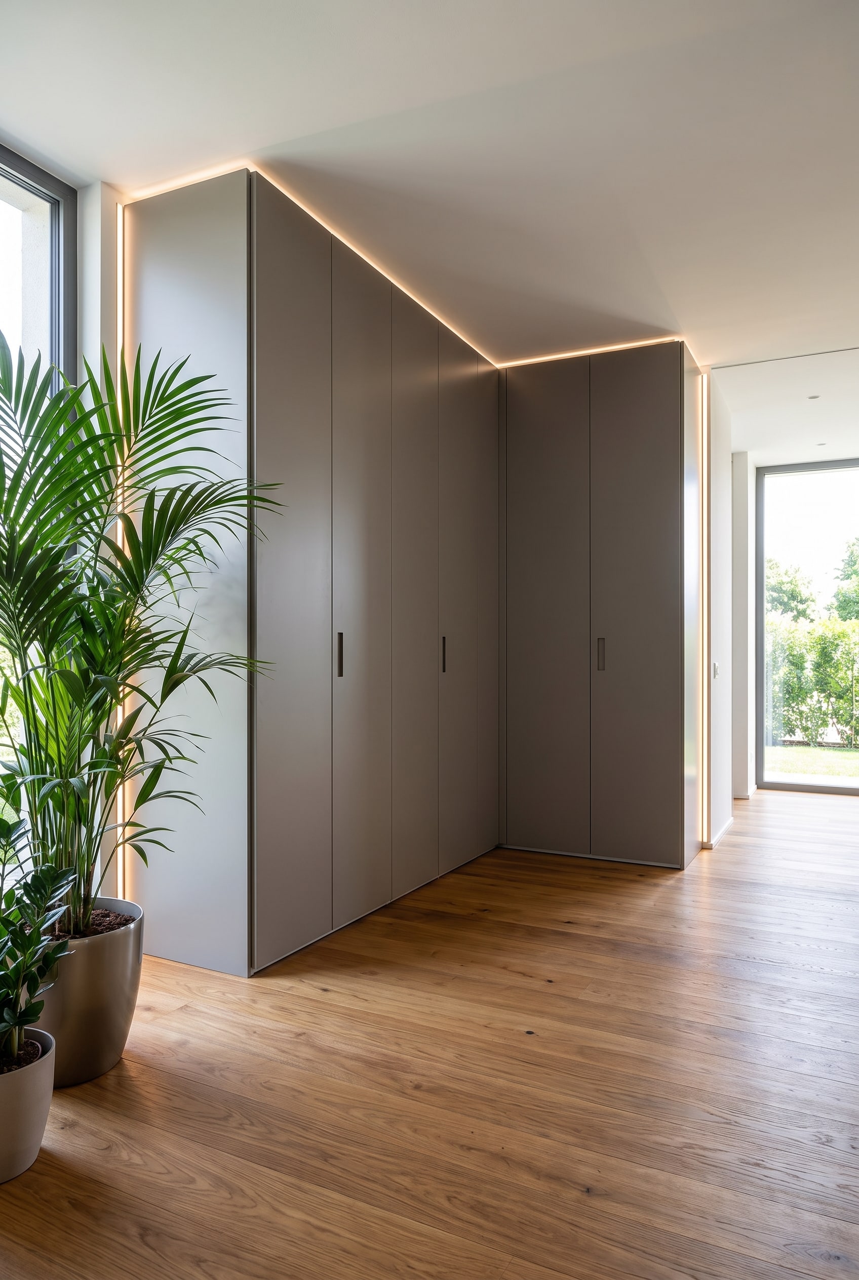 Couloir avec armoire d'angle sur mesure en laque mate, &agrave; c&ocirc;t&eacute; une grande plante verte sur un parquet en bois chaud continu