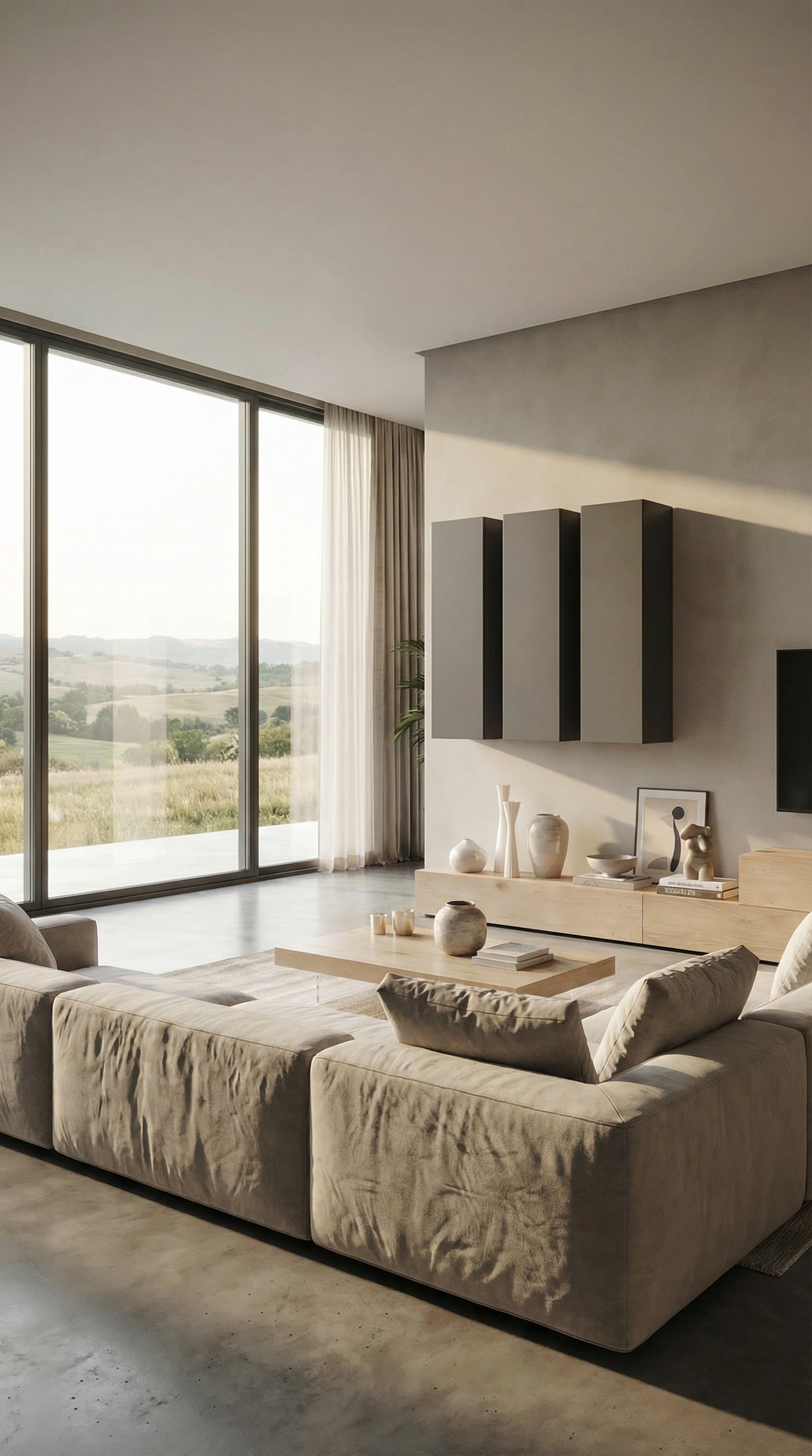 Moderne Landhaus Wohnwand mit dunklen matten Fronten und Holzakzenten im Wohnzimmer Moderne Landhaus Wohnwand mit dunklen matten Fronten und Holzakzenten im Wohnzimmer