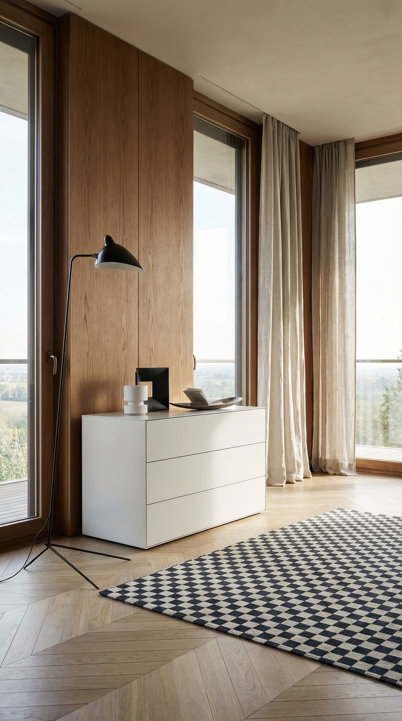 Gros plan d'un tiroir ouvert d'une commode design, montrant le fin biseau à 45 degrés et l'amincissement du bord avant à 4 millimètres. Gros plan d'un tiroir ouvert d'une commode design, montrant le fin biseau à 45 degrés et l'amincissement du bord avant à 4 millimètres.