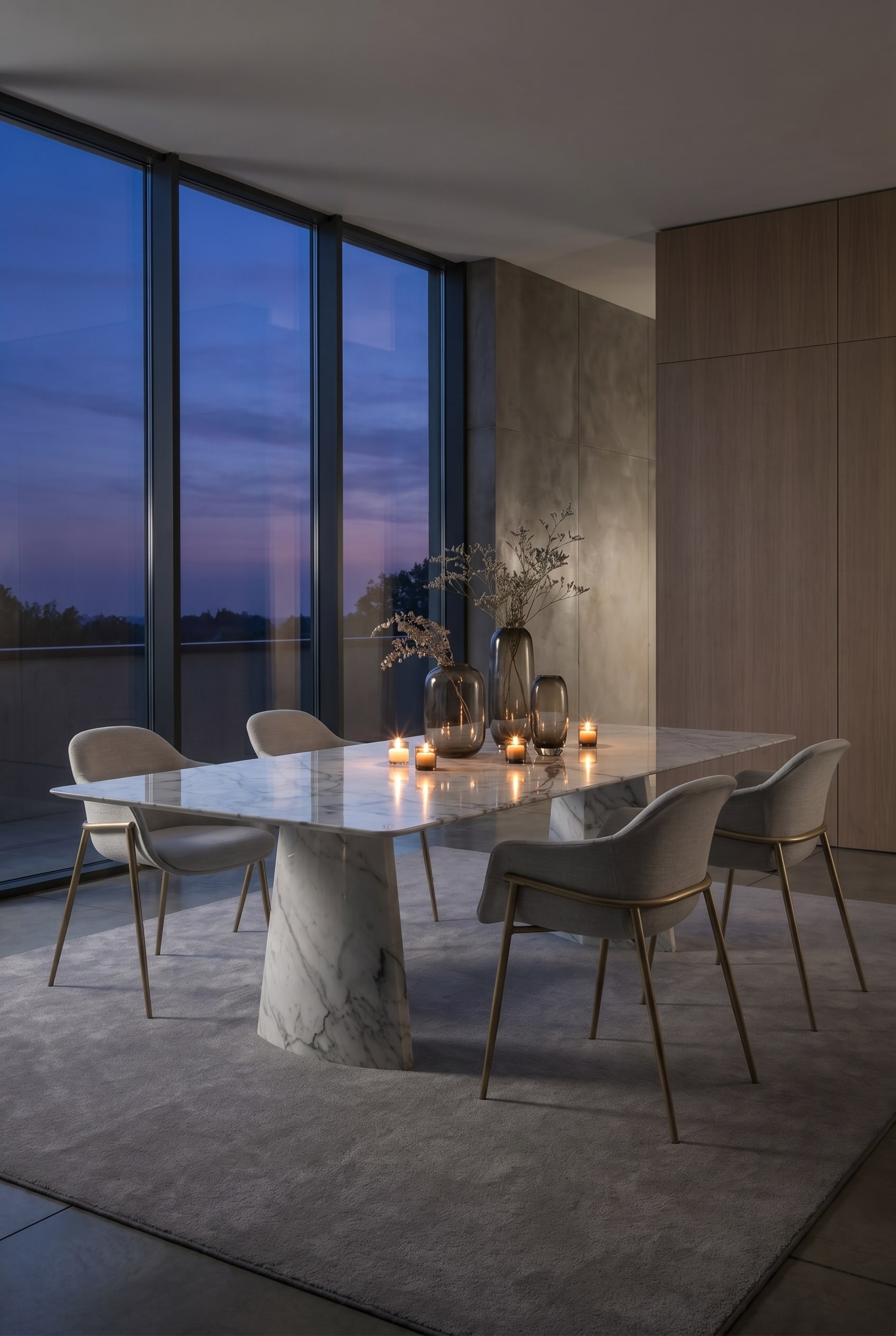 Luxuri&ouml;ses Esszimmer im Halbdunkel mit einem hellen Marmortisch, rauchigen Glasvasen und schlichten dunkelgrauen St&uuml;hlen