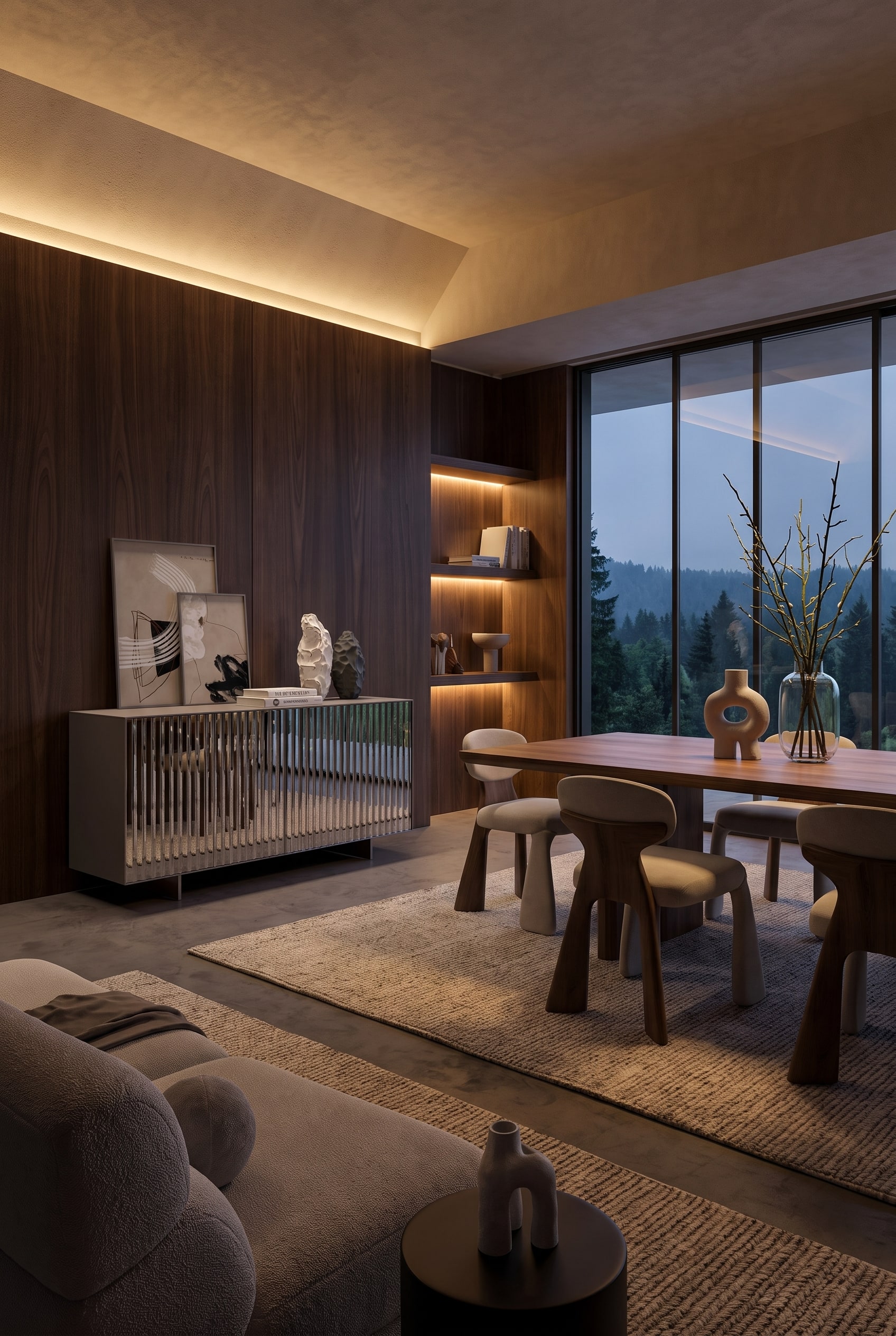 Espace de vie éclectique avec un buffet aux façades réfléchissantes, décoré de sculptures et de branches dans un vase