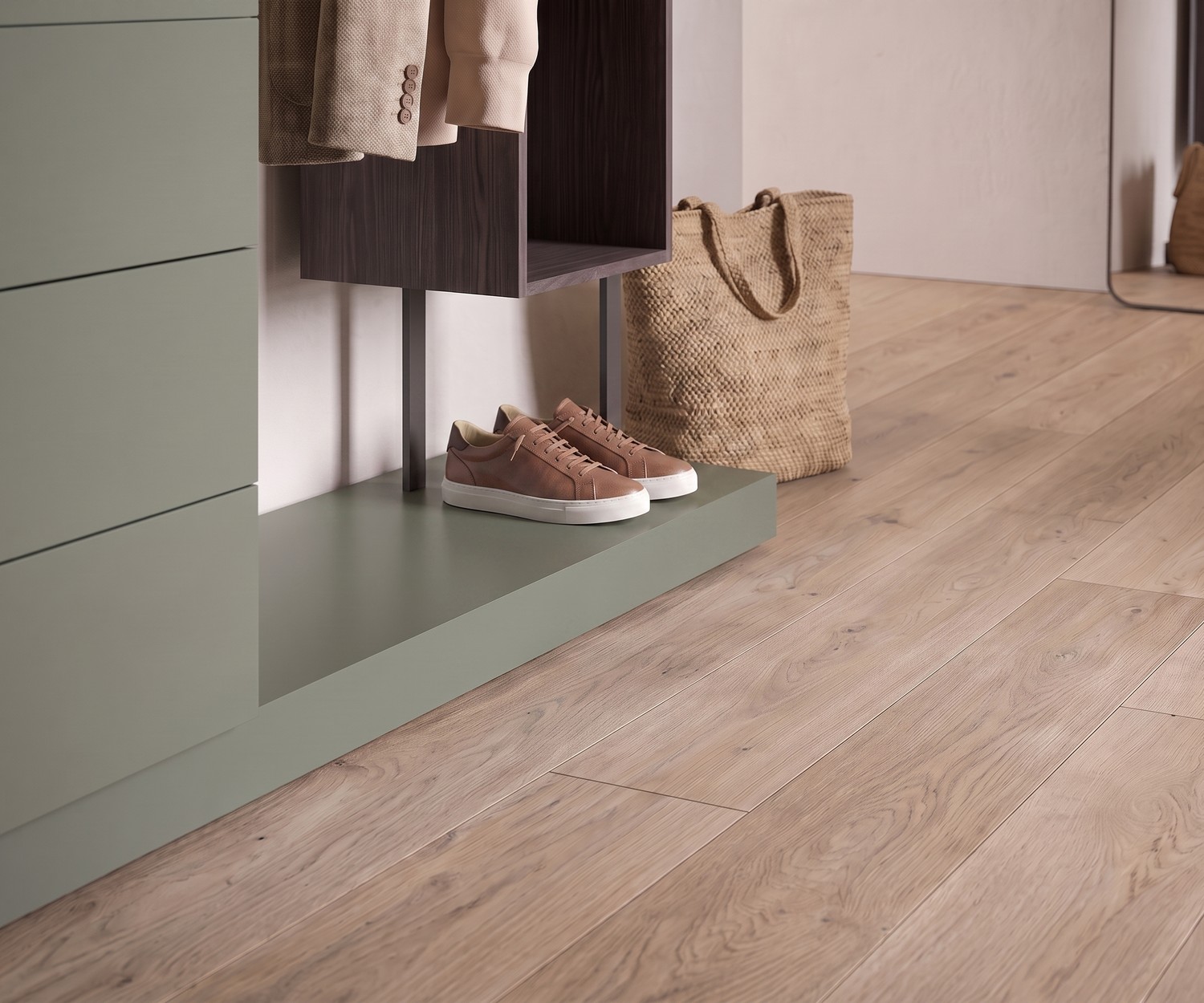 Commode avec vestiaire Novamobili Easy 4 pour entrée, module design vert avec étagère en bois et espace pour chaussures.