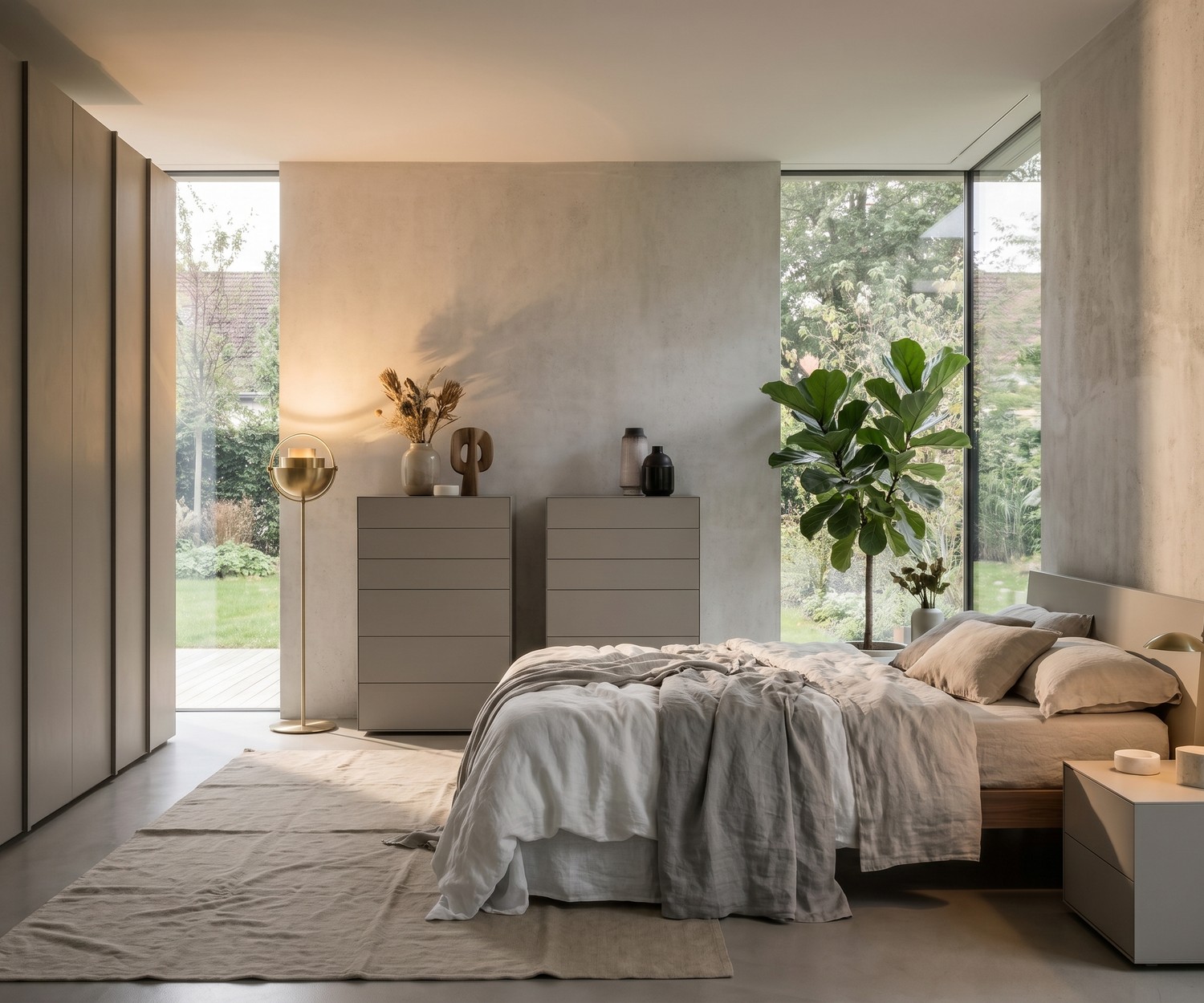 Livitalia Ecletto minimalistische Design Hochkommode Livitalia Ecletto Hochkommode im Schlafzimmer, grifflose Design-Kommode in Taupe für minimalistischen Stauraum.