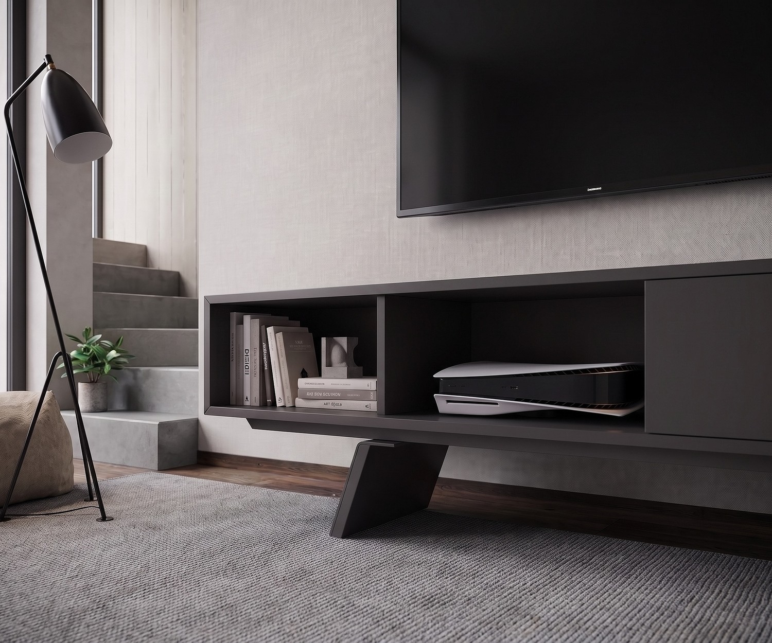 Meuble TV bas al2 e-klipse 005 dans un salon moderne. Lowboard design gris foncé avec niches pour console de jeux.