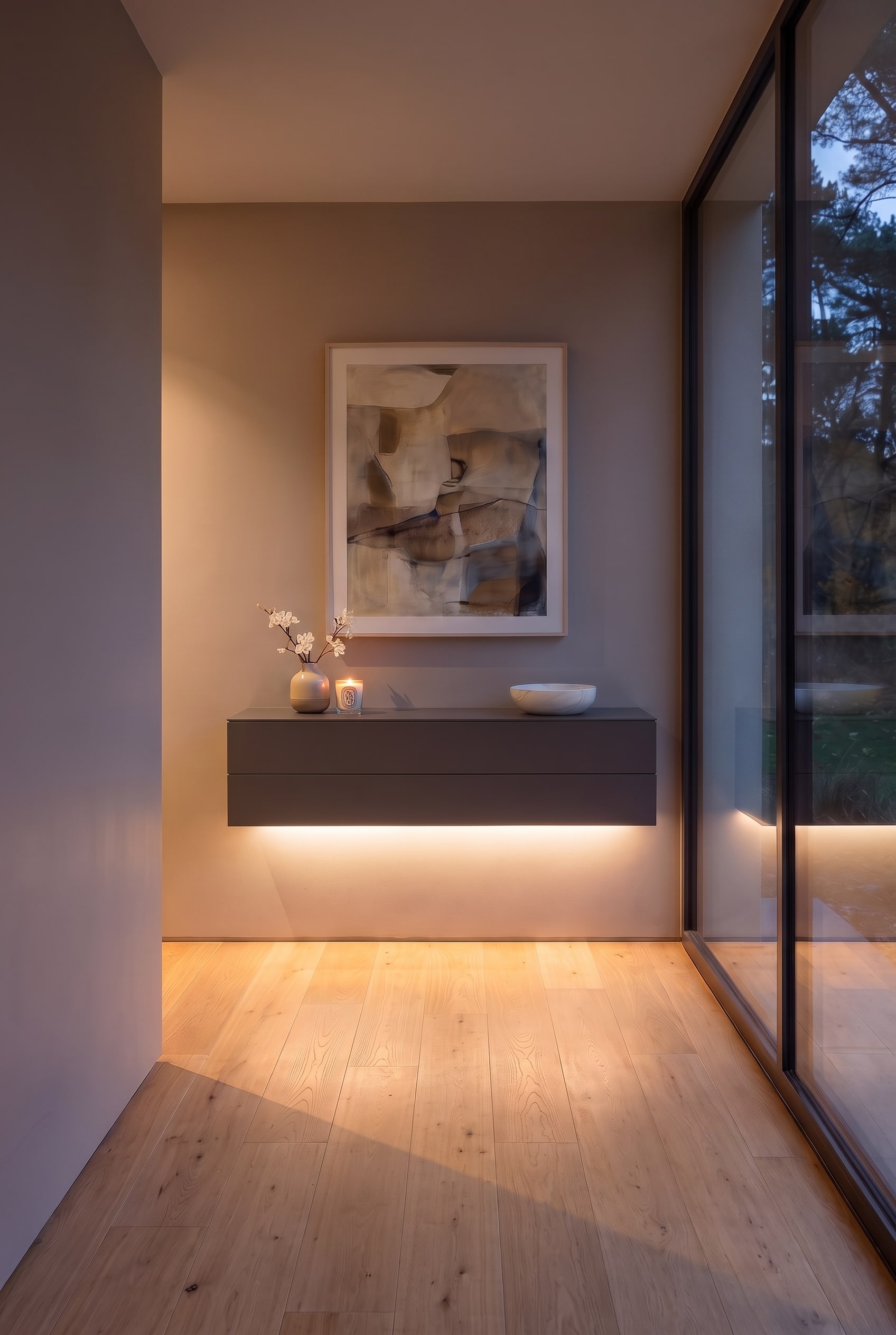 Frontale Ansicht einer dunkelgrauen Flurkommode mit abstraktem Wandbild, indirekter LED-Beleuchtung und Eichenparkett.