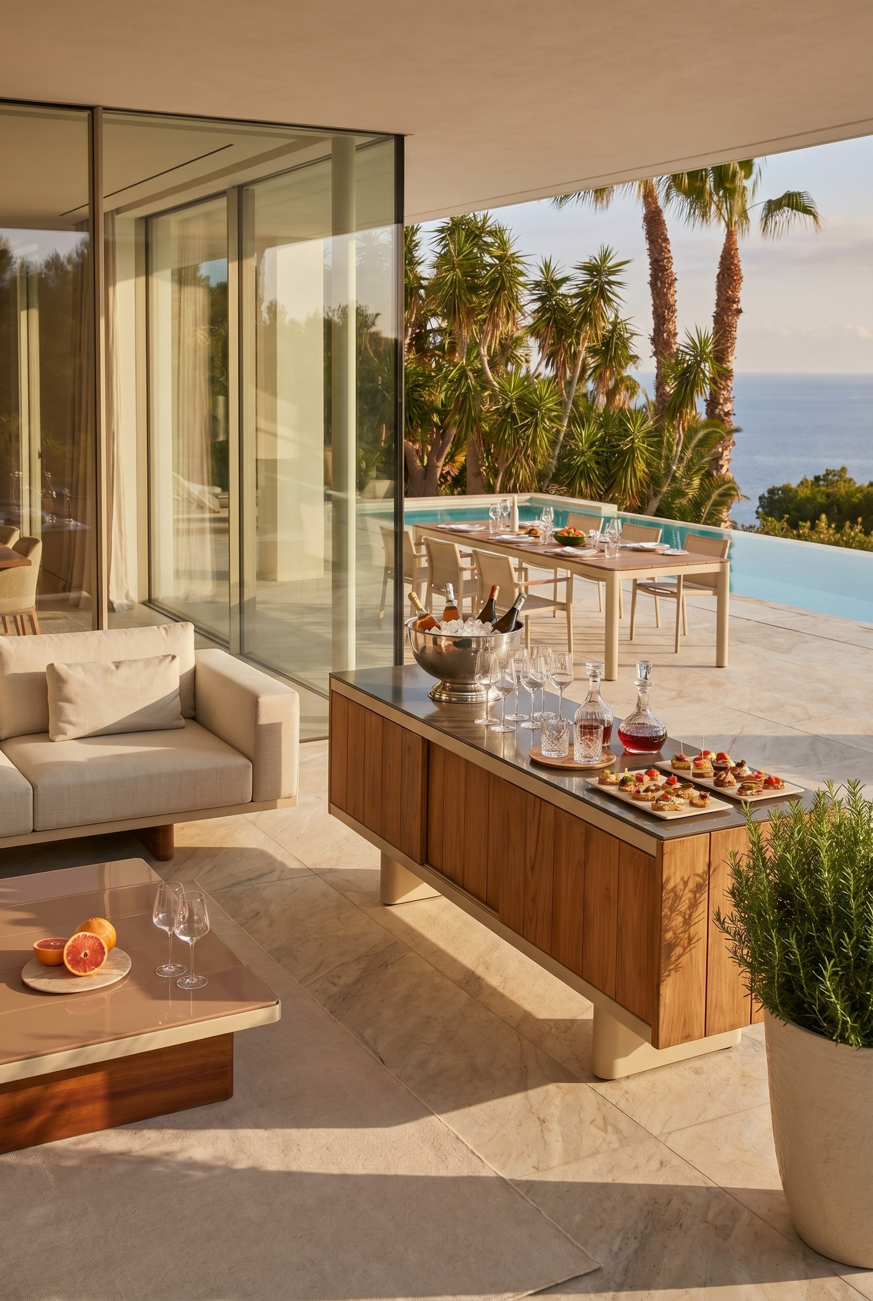 Terrasse élégante avec un buffet d'extérieur en teck servant de station de service et une table à manger en arrière-plan