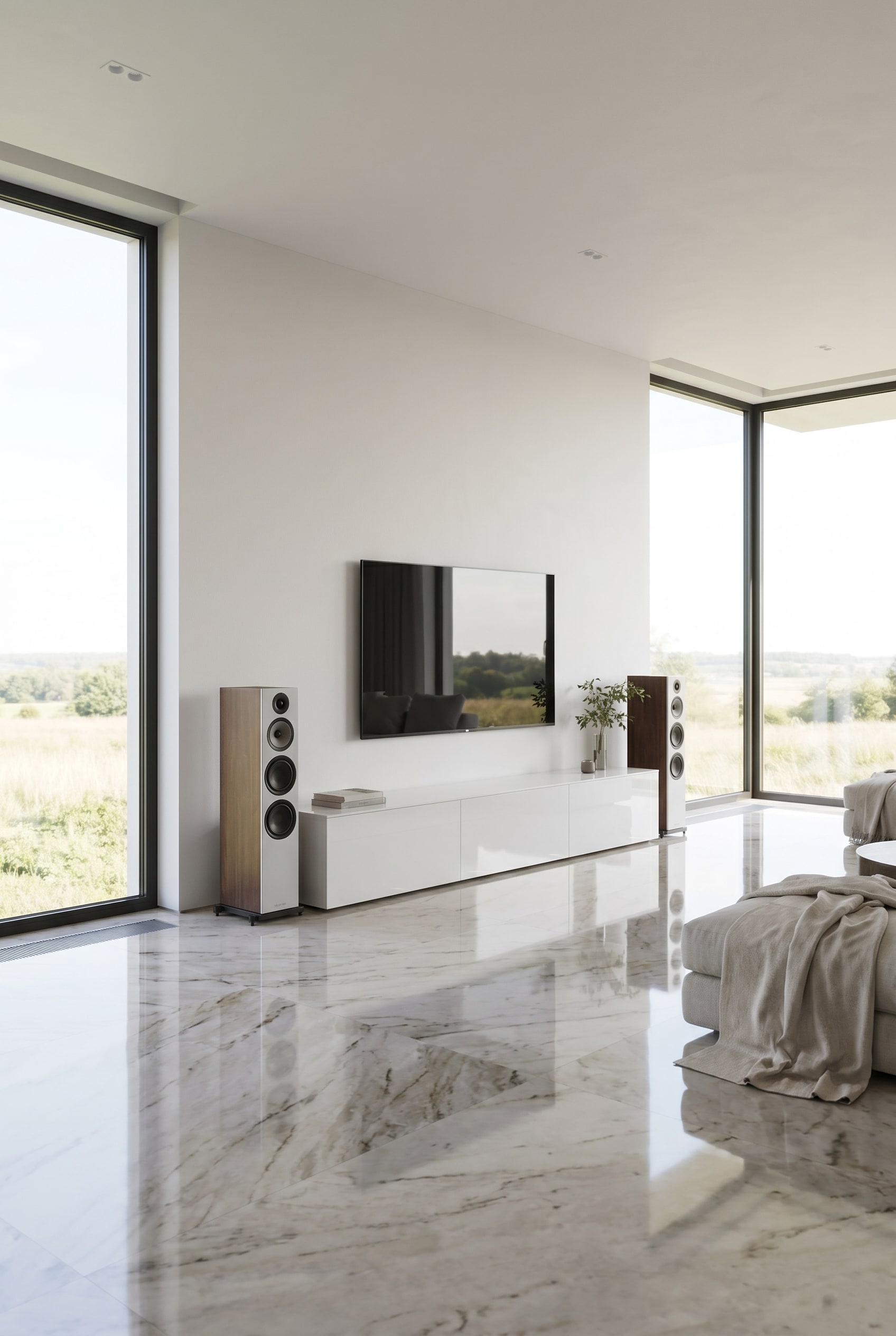 Salon spacieux avec un long meuble TV bas blanc laqué et des enceintes haut de gamme parfaitement symétriques