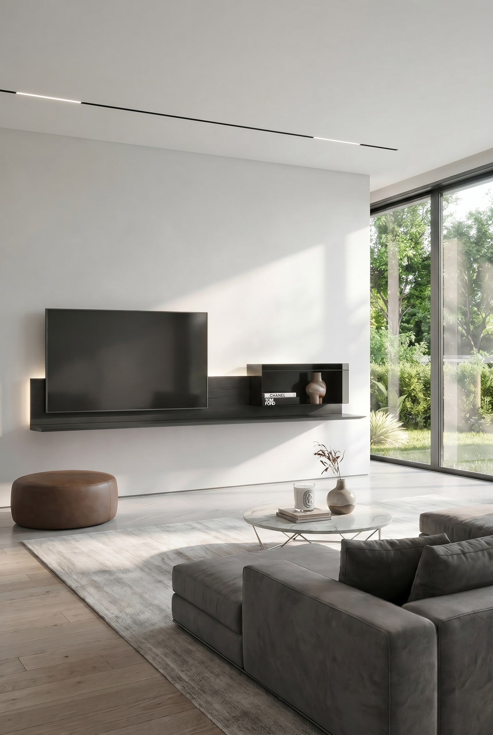 Schwebendes TV Wandboard mit 20 Zentimetern Bodenfreiheit in einem modernen Wohnzimmer Schwebendes TV Wandboard mit 20 Zentimetern Bodenfreiheit in einem modernen Wohnzimmer