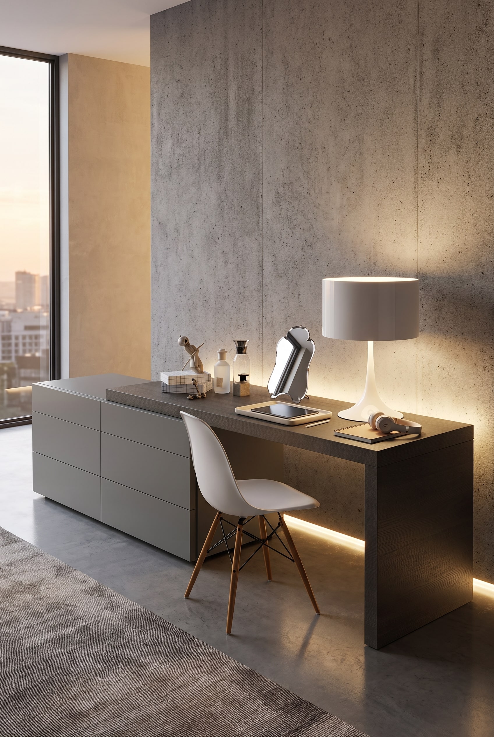 Espace de travail dans une chambre d'adolescent avec une commode &agrave; tiroirs grise, sur laquelle repose sans joint un plateau de bureau en ch&ecirc;ne fonc&eacute;