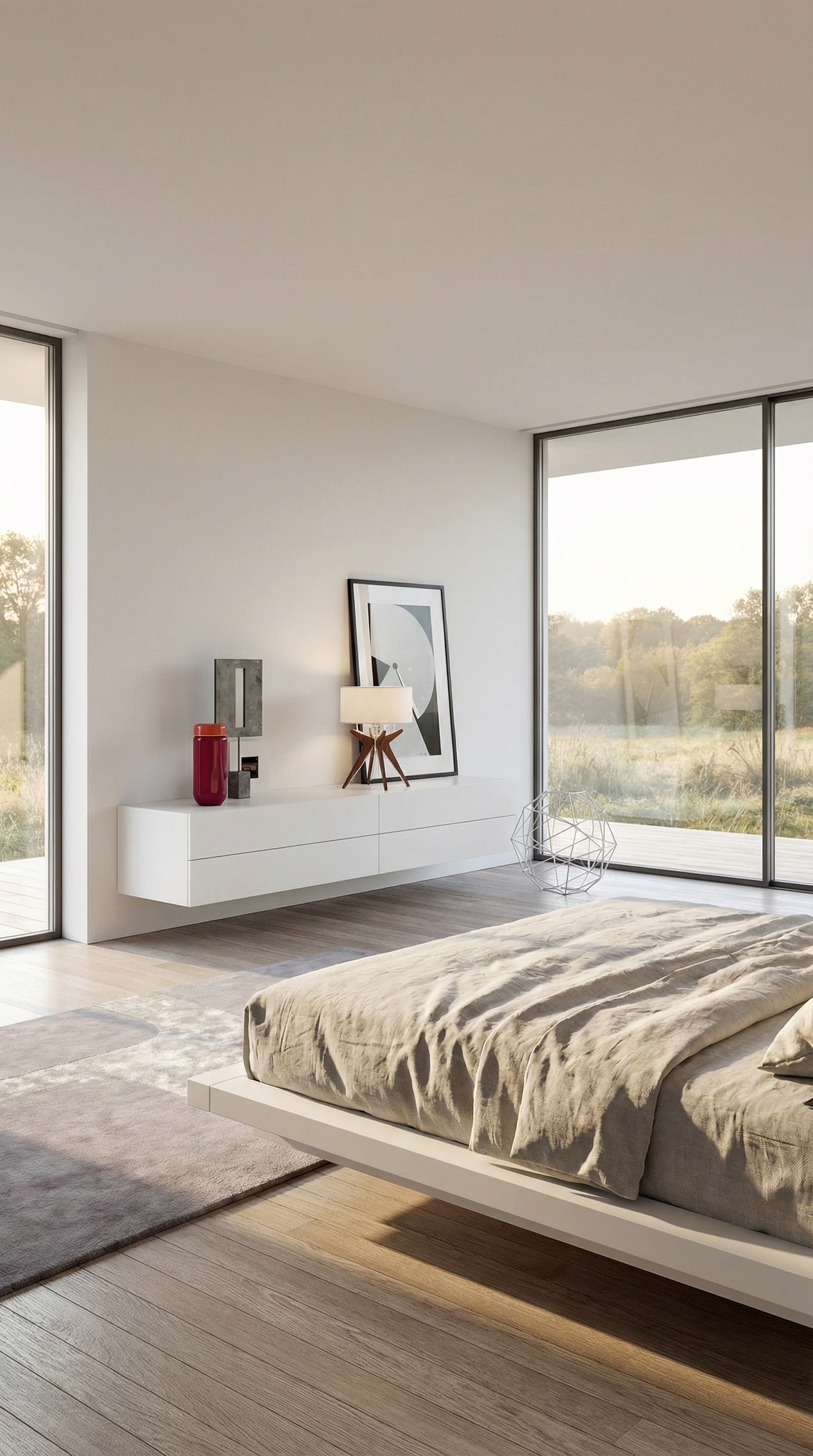 Commode suspendue blanche et minimaliste &agrave; 4 tiroirs, flottant au mur dans une pi&egrave;ce moderne.