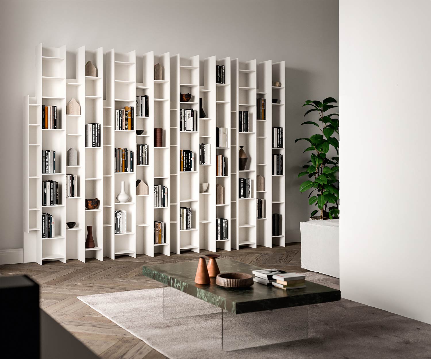 Ozzio Byblos X026 schmales Design Wand regal mit vielen kleinen einlegeboeden verschachtelt Ozzio Byblos X026 schmales Design Wand regal mit vielen kleinen einlegeboeden verschachtelt
