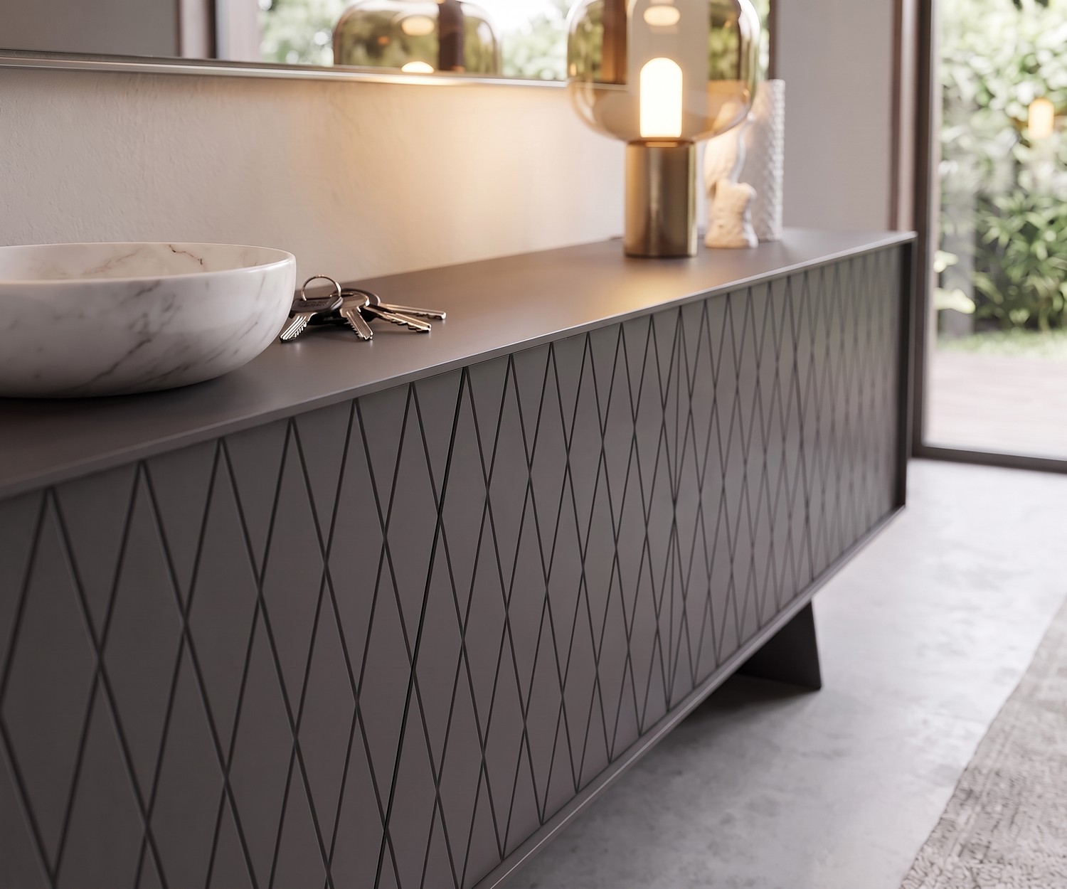 al2 e-klipse 003 Design Sideboard mit Rautenmuster Design Sideboard al2 e-klipse 003 mit Rautenmuster für den Flur. Dunkelgraue Kommode mit Dekoschale und moderner Lampe.