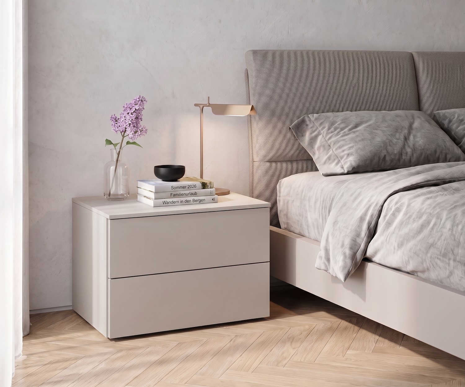 Table de chevet Livitalia Atena pour la chambre : table de nuit beige minimaliste avec tiroirs de style moderne.