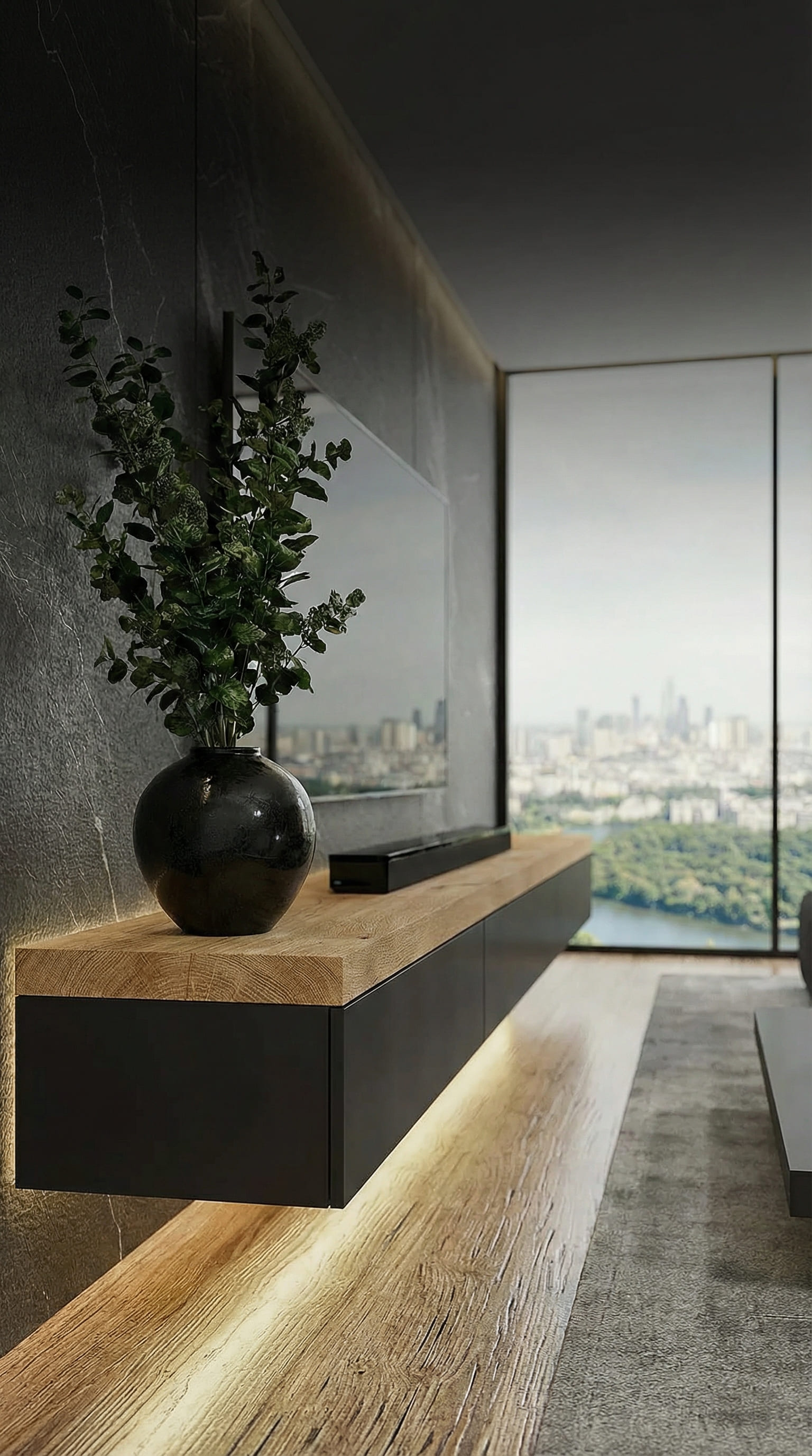 Meuble bas design avec plateau &eacute;pais en ch&ecirc;ne et corps fonc&eacute;