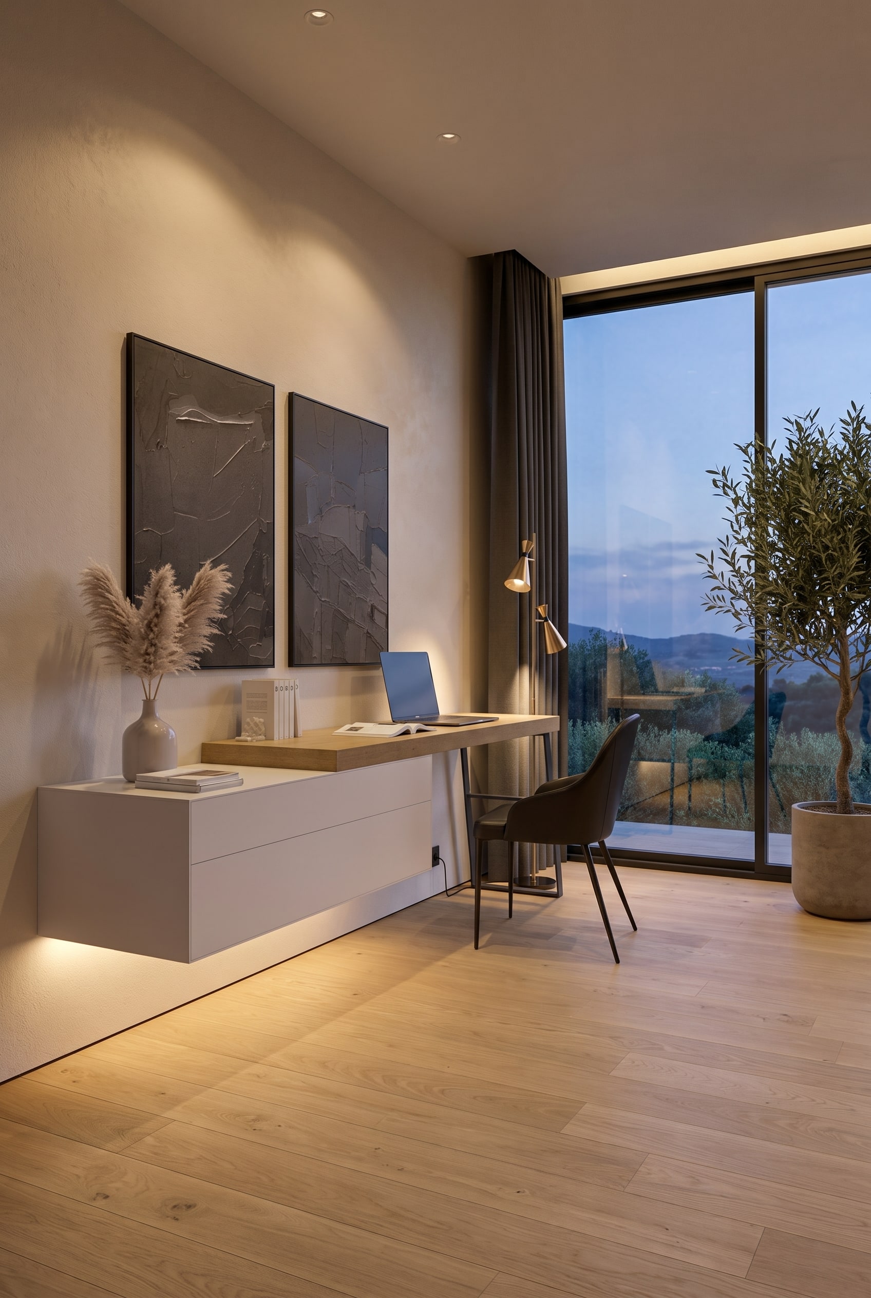 Kompaktes Arbeitszimmer mit einer schwebenden wei&szlig;en Livitalia Ecletto Wandkommode und Schreibtisch