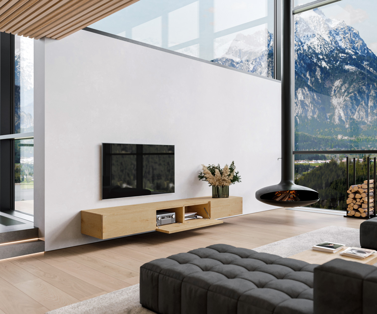 Design bois TV Lowboard suspendu configurateur chêne naturel clair