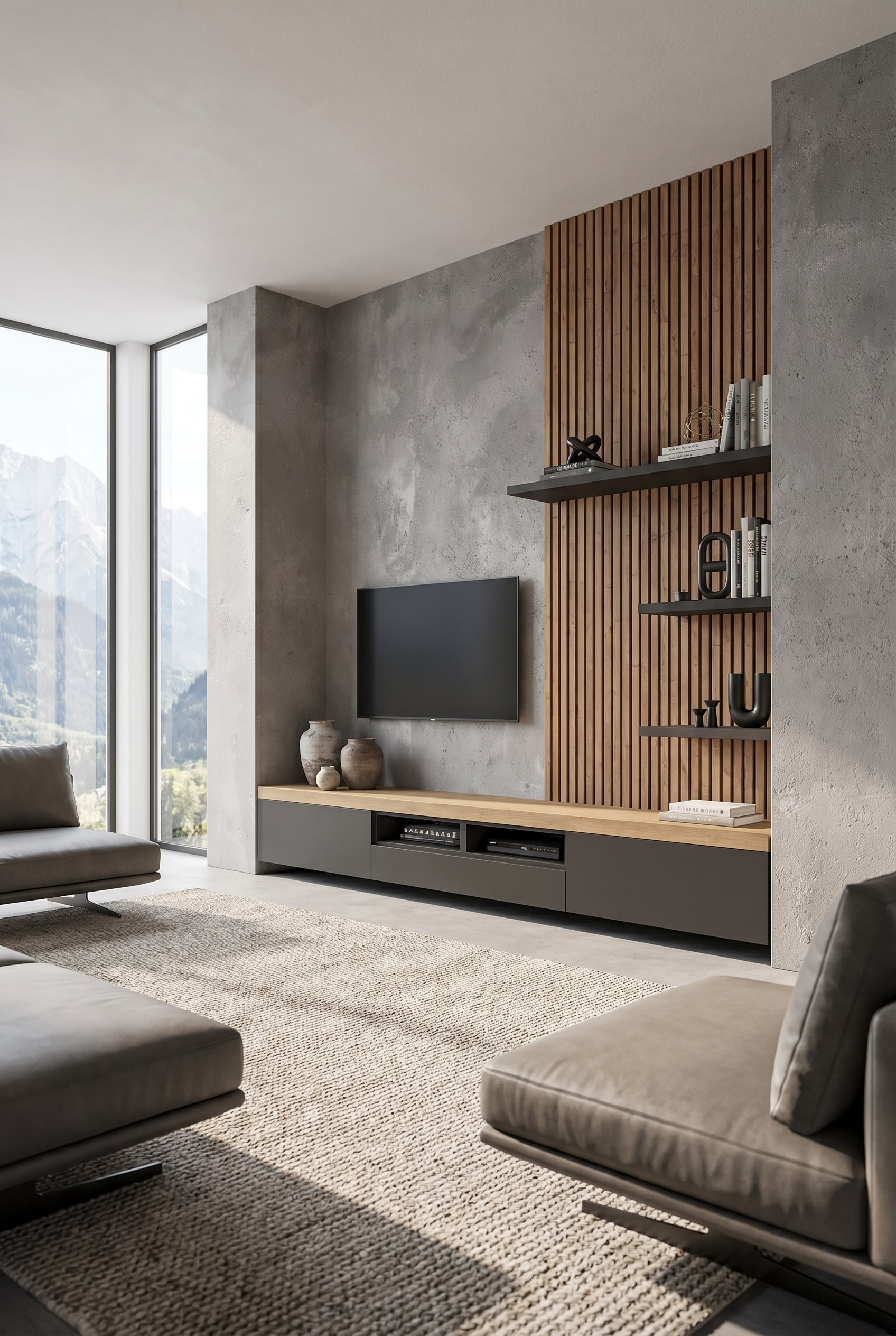 Long lowboard sur mesure en gris mat, occupant toute la largeur du mur d'un salon minimaliste