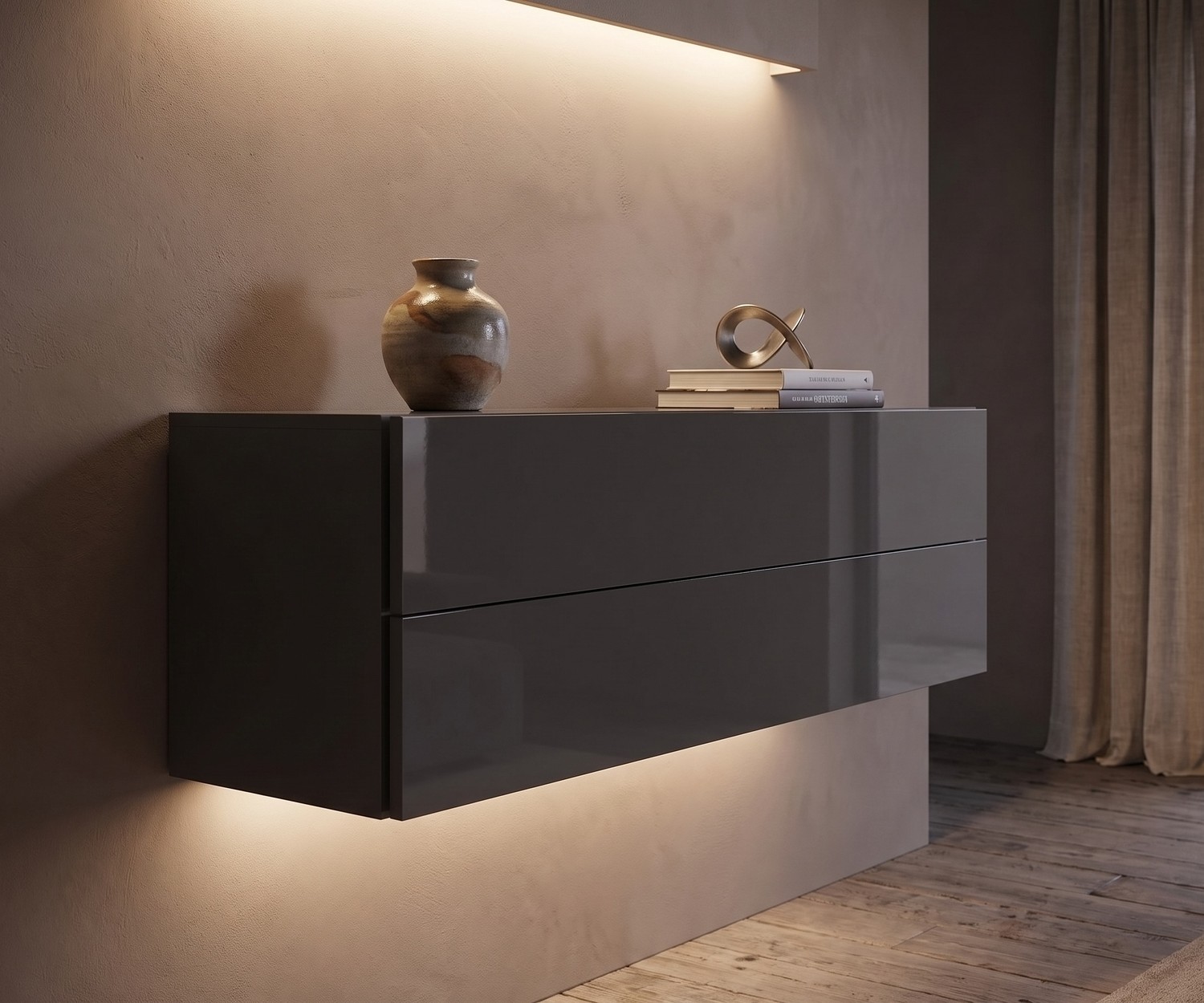 Commode suspendue Novamobili Easy gris quartz Commode suspendue Easy par Novamobili pour le salon en gris quartz brillant, buffet suspendu moderne avec éclairage LED
