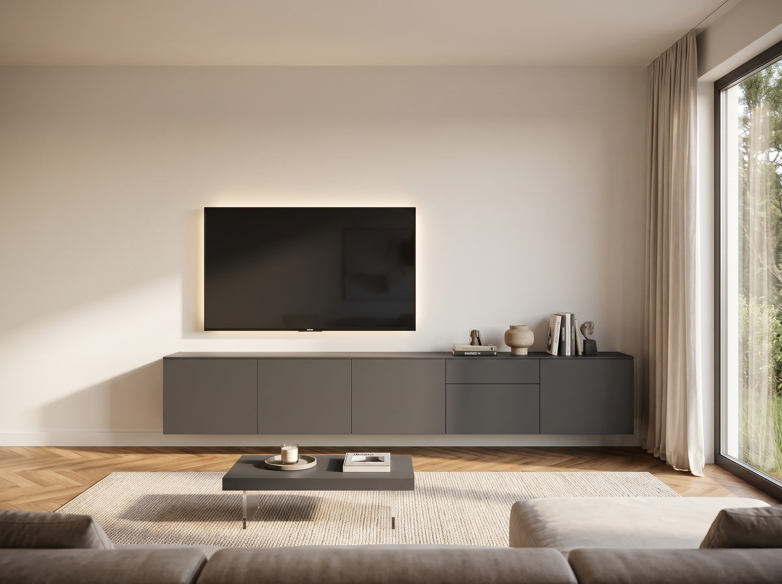 Livitalia TV-Sideboard Spaziora in Dunkelgrau matt, B 300 cm, hängend im Wohnzimmer