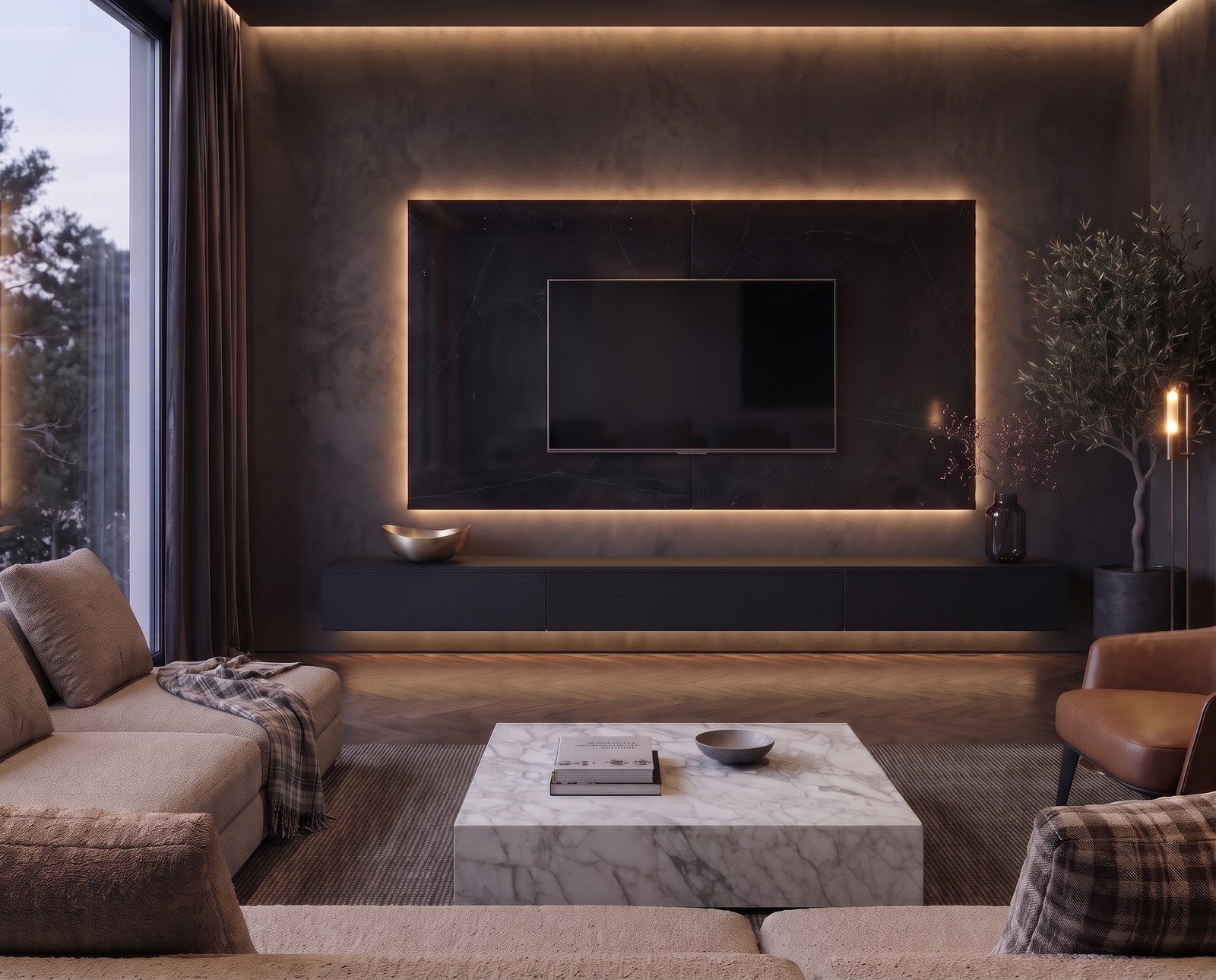 TV Paneel Keramik Schwarz B 240 cm im dunklen Wohnzimmer mit indirektem Licht
