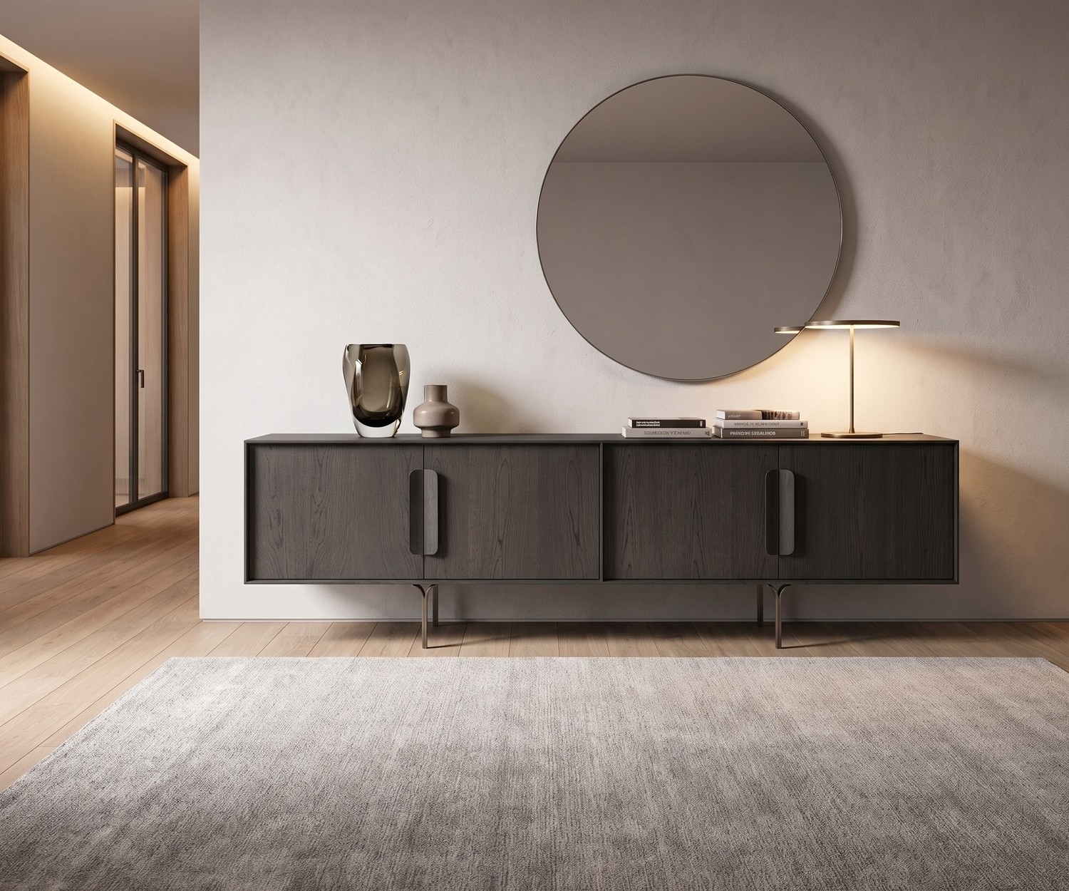 Buffet design al2 Mobius 003 en placage chêne foncé dans un salon minimaliste sous un grand miroir rond mural.