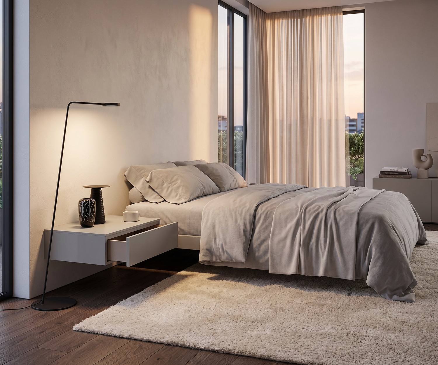 Schwebender Nachttisch Novamobili Easy mit 1 Schublade Schwebender Nachttisch Novamobili Easy 1 im Schlafzimmer, hellgrau, grifflos mit geöffneter Schublade im modernen Design.