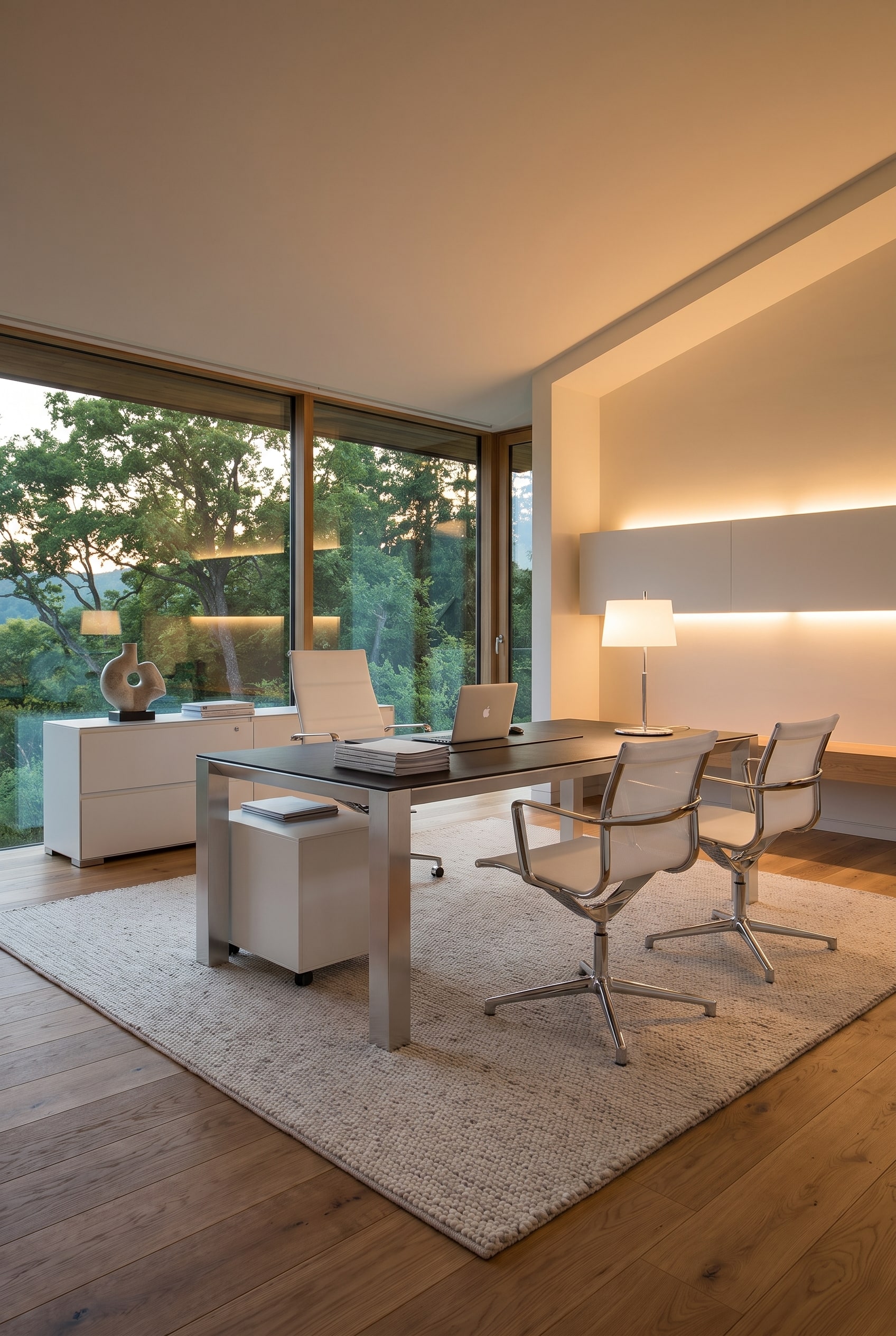 Bureau de direction spacieux avec un large bureau en aluminium et cuir, accompagn&eacute; de fen&ecirc;tres pleine hauteur et d'un tapis clair