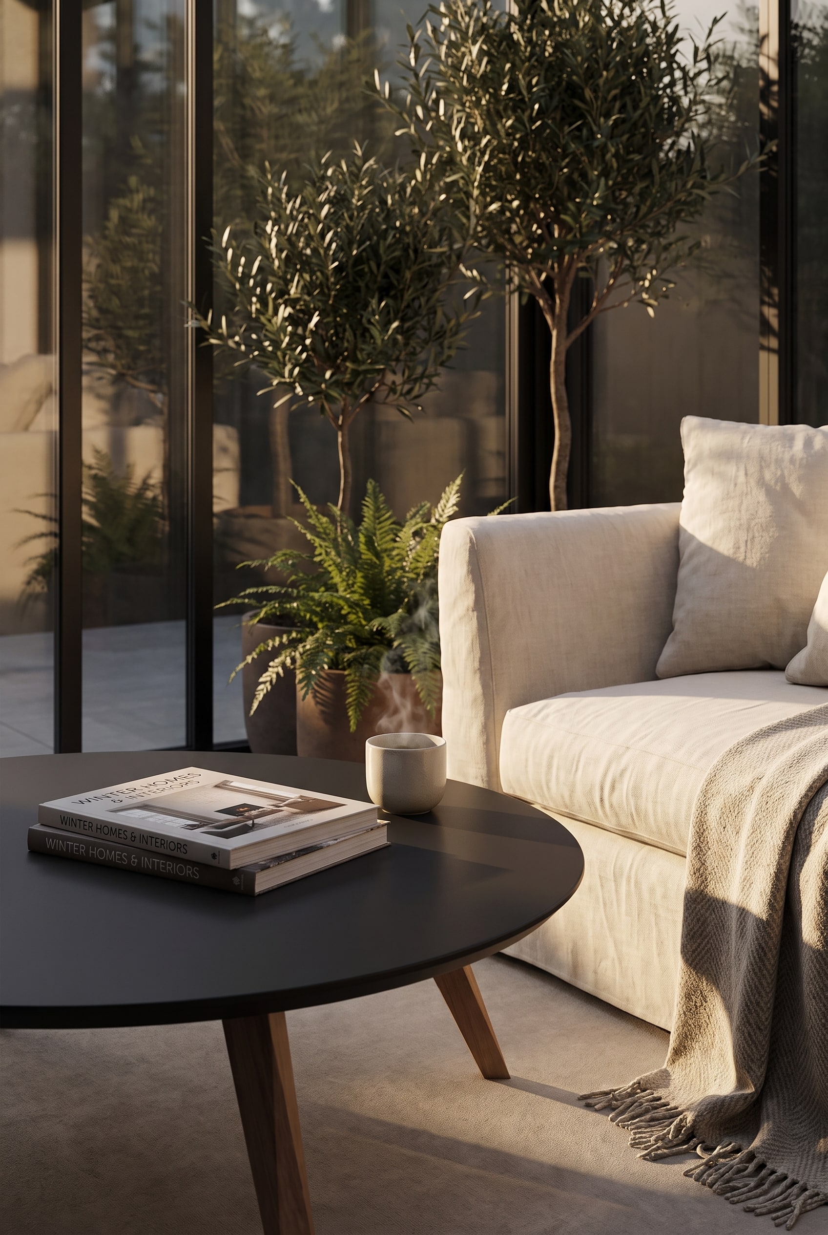 Table d'appoint ronde noir mat avec des pieds en bois distinctifs &agrave; c&ocirc;t&eacute; d'un canap&eacute; dans un jardin d'hiver. Un livre illustr&eacute; ouvert et une petite tasse de th&eacute; sont pos&eacute;s dessus.