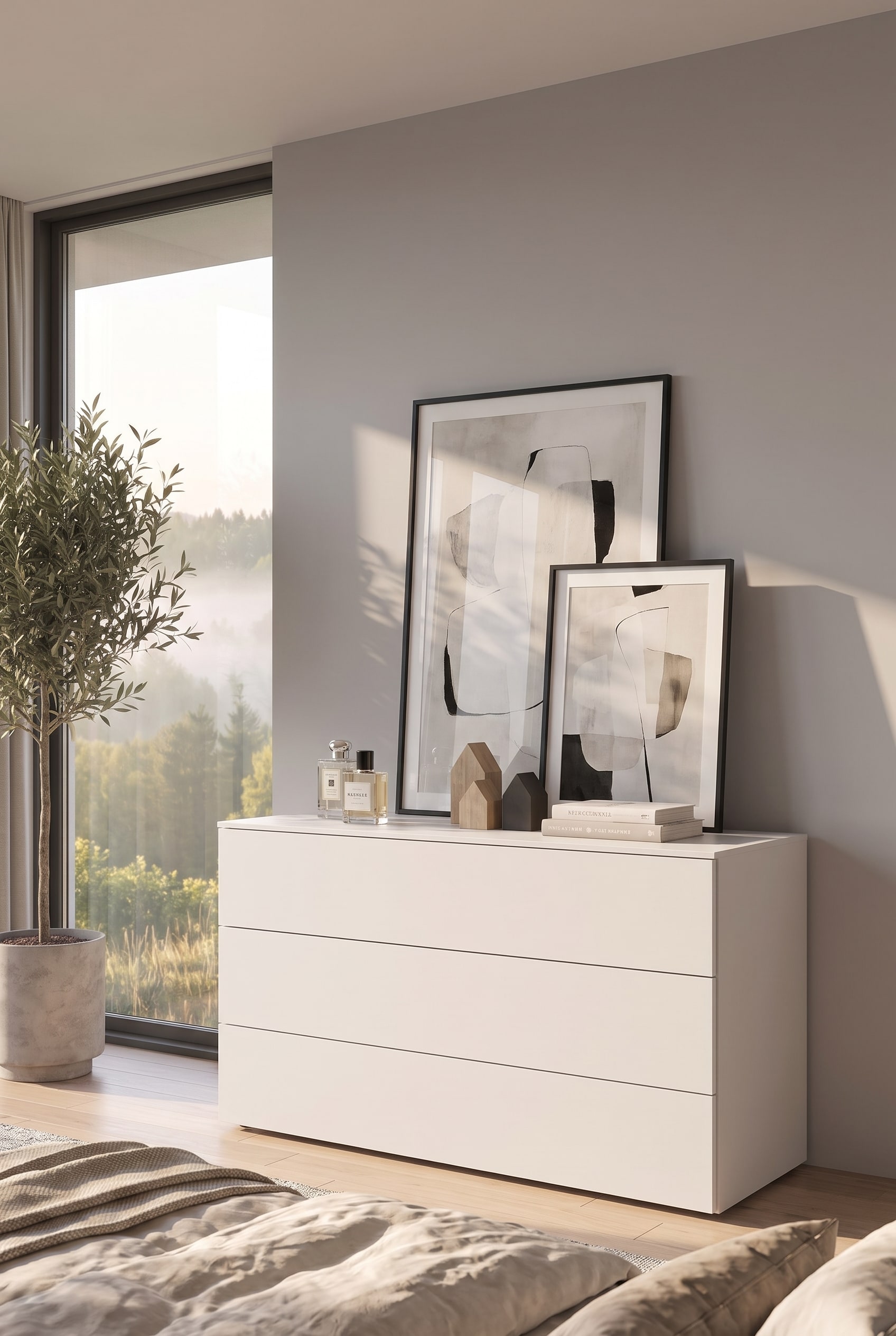 Deux &oelig;uvres d'art modernes encadr&eacute;es de tailles diff&eacute;rentes, l&eacute;g&egrave;rement superpos&eacute;es et appuy&eacute;es contre le mur sur le plateau d'une commode design &eacute;pur&eacute;e.