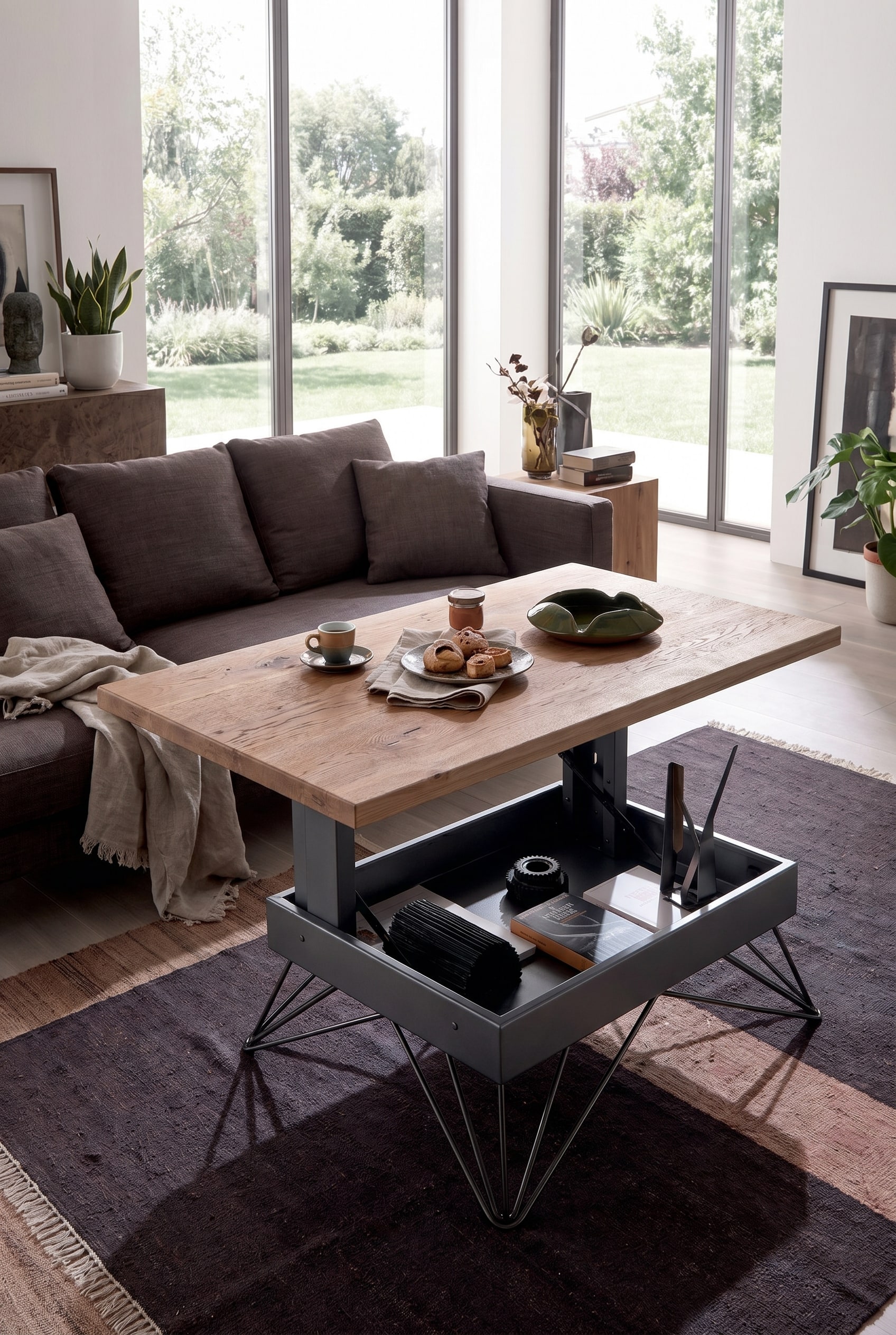 Wohnzimmer mit dunkelbraunem Sofa und einem höhenverstellbaren Couchtisch mit dicker Holzplatte auf geometrischem Metallgestell