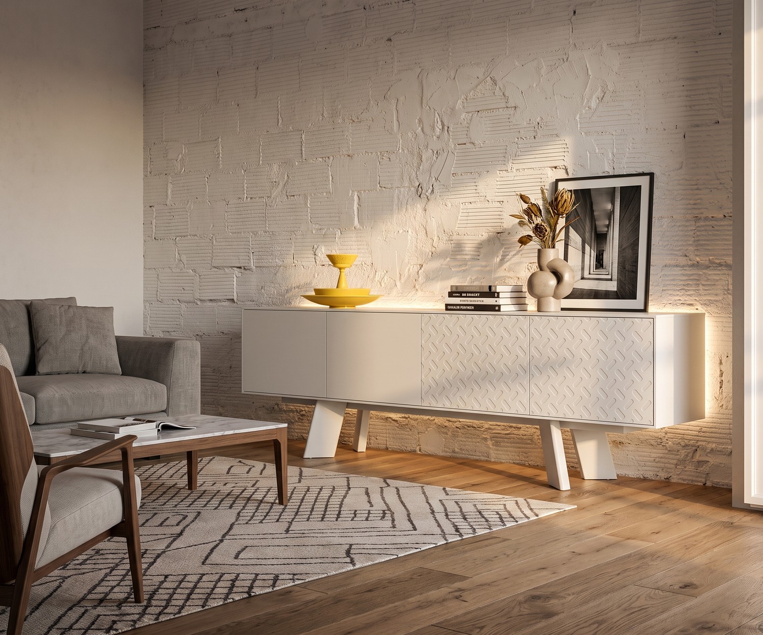 Weißes al2 Design-Sideboard Alhambra 003 al2 Sideboard Alhambra 003 im Wohnzimmer. Weißes Design-Sideboard mit geprägter Front vor rustikaler Wand.