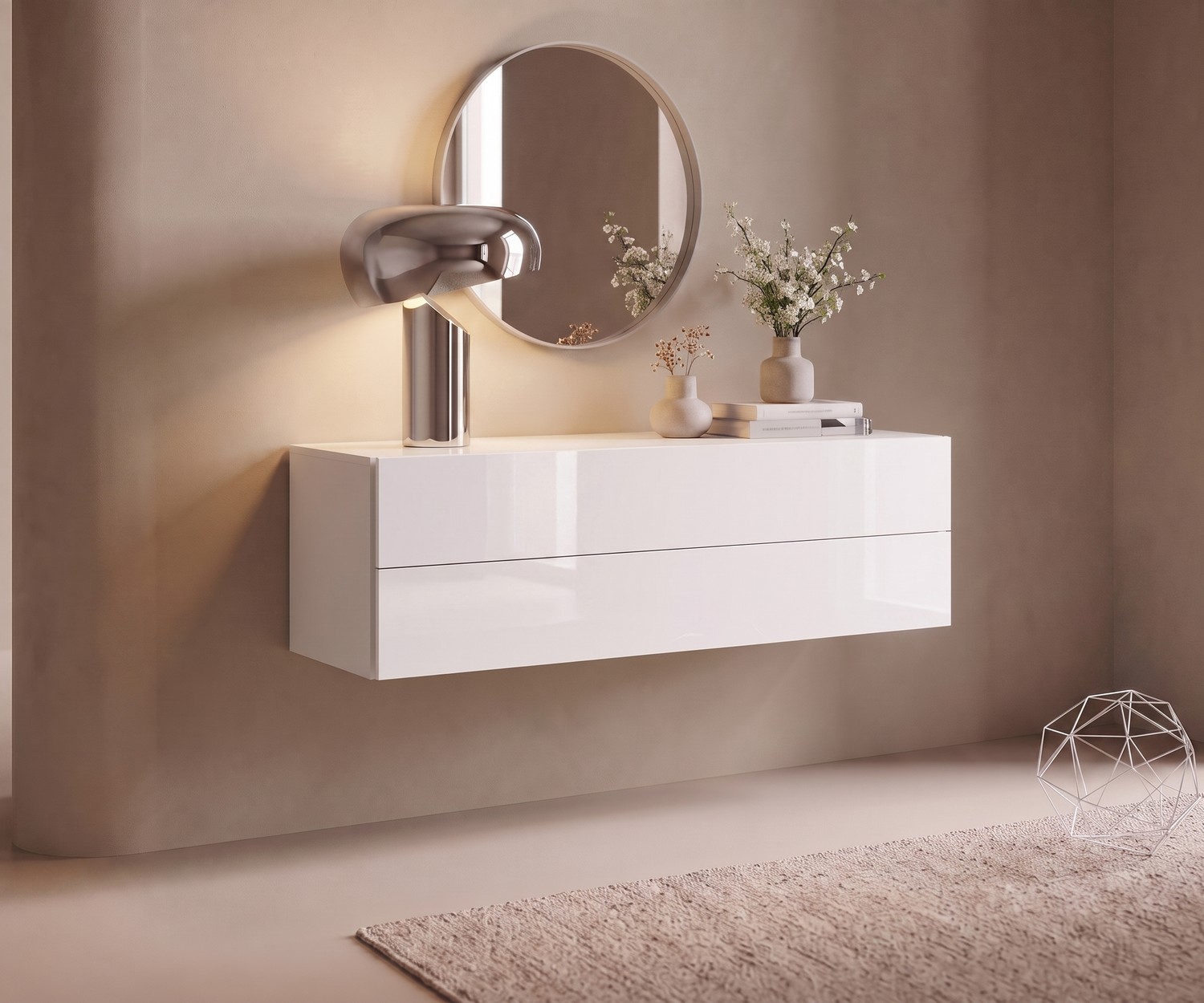 Commode suspendue Novamobili Easy pour l'entrée, blanc laqué brillant, design minimaliste avec miroir rond.